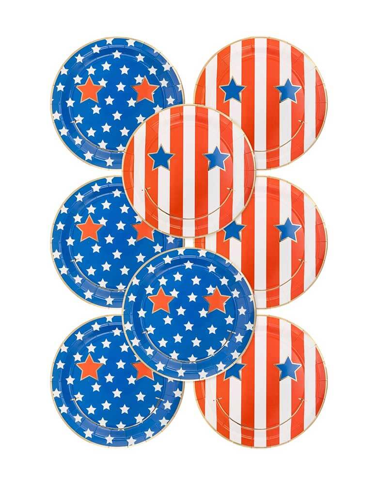 Momo Party's 9" Star & Stripe Smiley Paper Plate Set by My Mind's Eye. Comes in a set of 8 plates in two designs one in red stripes and the other with blue stars, these plates will put a smile on your face and make your party a hit. Perfect for any USA-themed event, these plates are sure to add a touch of fun and whimsy to your celebration!