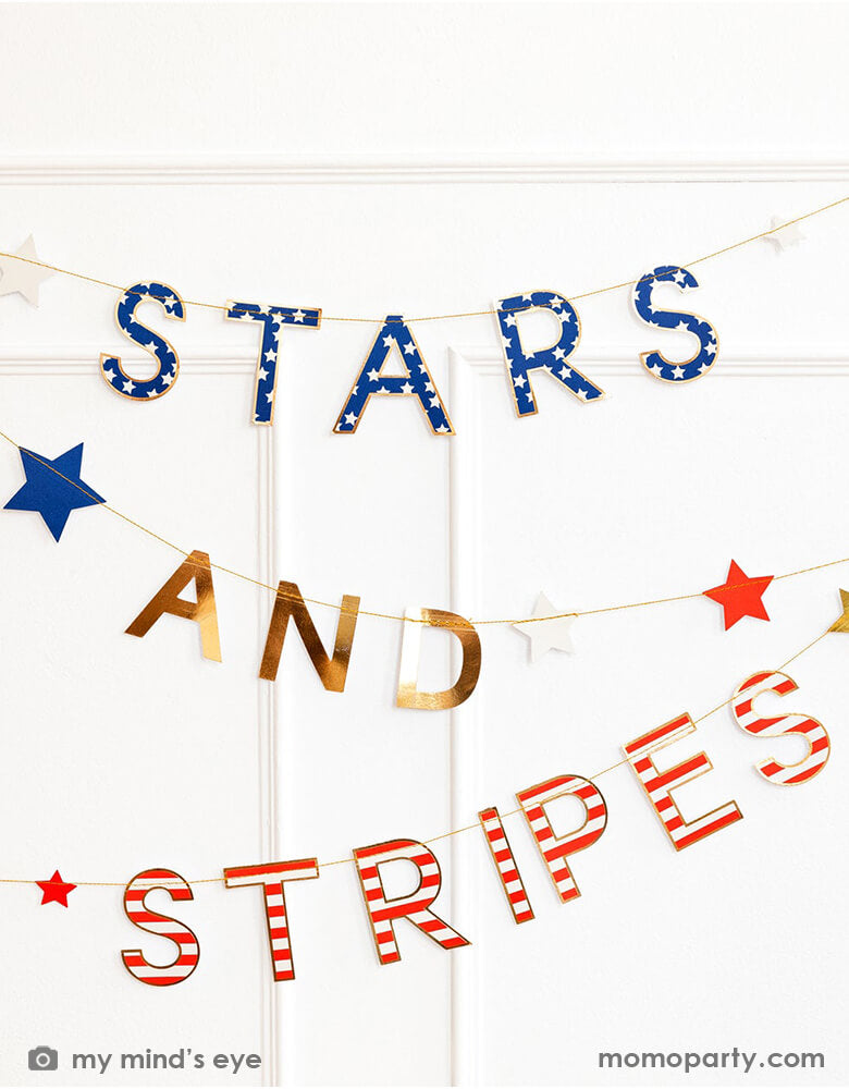 Momo Party's SSP906 - STARS AND STRIPES BANNER by My Mind's Eye. This sewn banner comes in three pieces with die cut stars and patriotic stars and stripe patterns on the die cut letters.