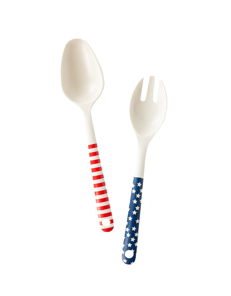 SSP924 - STARS AND STRIPES SALAD SPOON AND FORK REUSABLE BAMBOO SERVING-WARE by My Mind's Eye. Created from bamboo, this serving-ware is reusable, this patriotic flair stars and stripes serving spoons is perfect to use for all your summer celebration from Memorial Day to Fourth of July.  Morden and high quality party supplies, party online store, party boutique online store, party supplies at momoparty.com