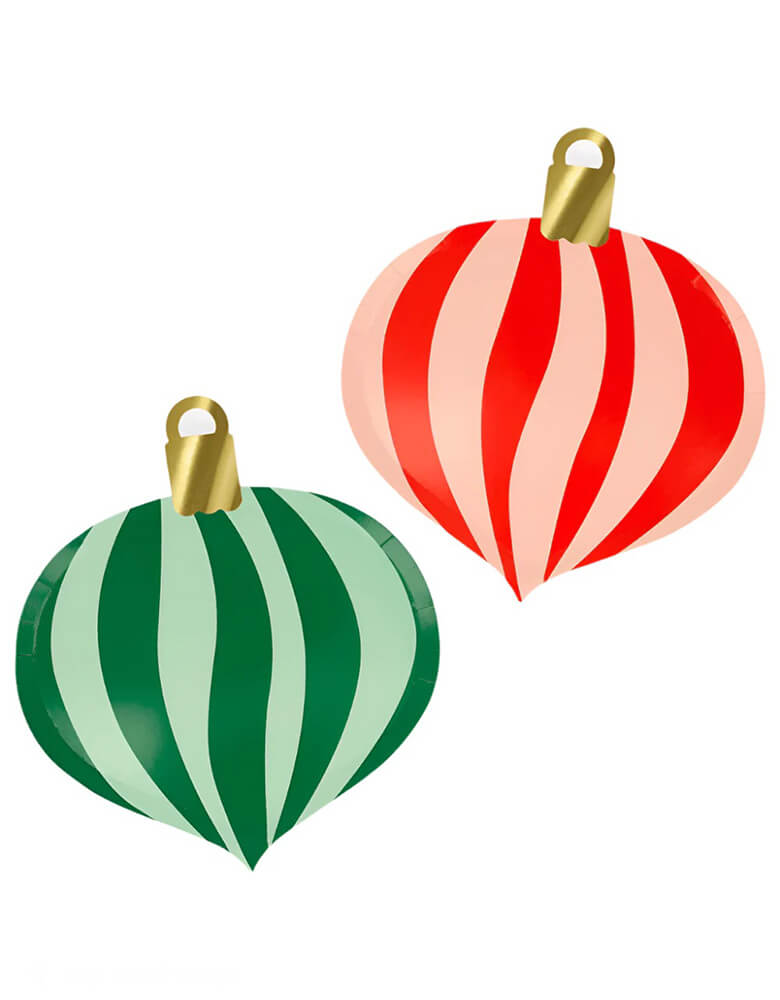 Momo Party's 9.5" x 10.625" Striped Christmas Ornament Plates by Meri Meri. Comes in a set of 8 plates in 2 different colors and designs of red and green, these paper plates are cleverly designed and crafted in sensational on-trend stripes of traditional green and red, mixed with modern pops of pink, mint and shiny gold foil. They're perfect additions to your party table this Holiday season.