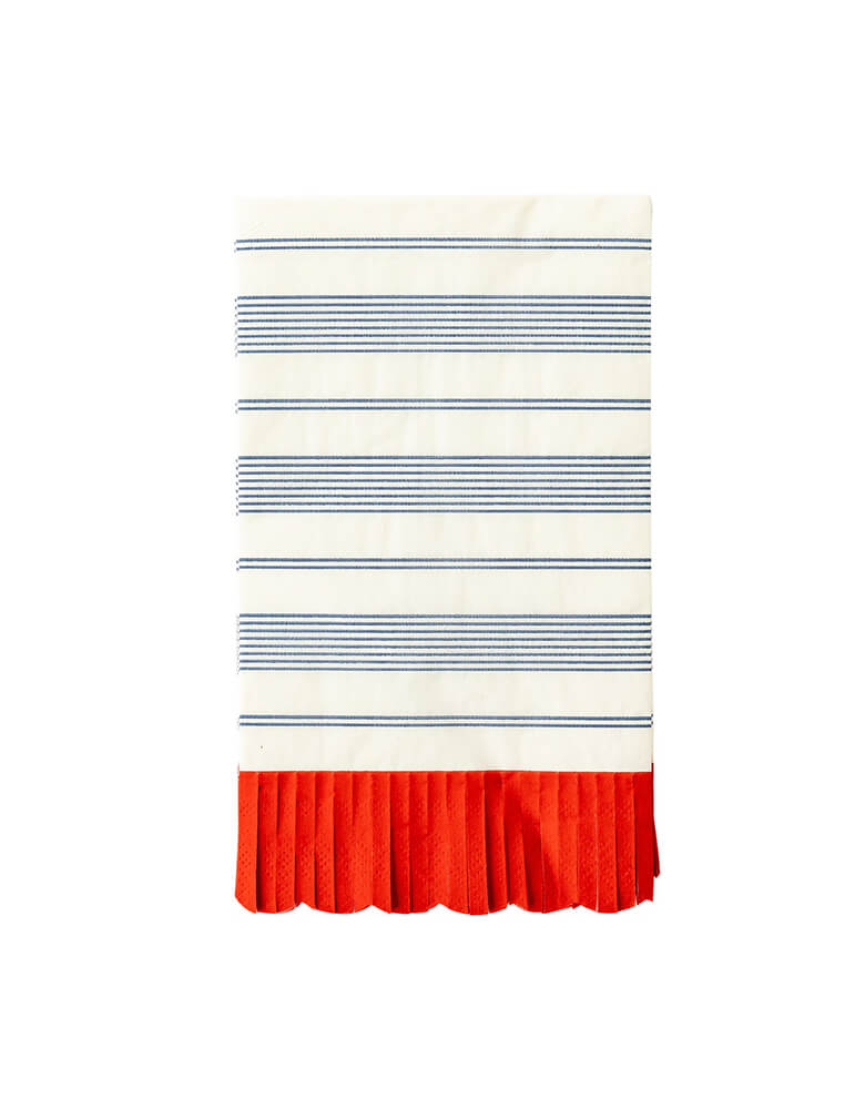 Momo Party's HAM935 - STRIPED SCALLOP DINNER NAPKIN by My Mind's Eye. Featuring a blue stripe pattern inspired by classic Americana will make a chic patriotic statement at your Fourth of July celebrations. And the red fringed scalloped edge is the perfect festive touch that is sure to delight guests at your summer cookouts!