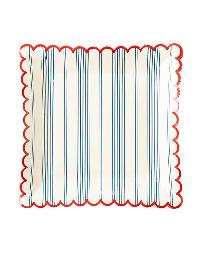 Momo Party's HAM942 - STRIPED SCALLOP PLATES by My Mind's Eye. With a blue on blue stripe accented by a red scalloped edge these dinner size plates are the perfect addition to Memorial Day picnics