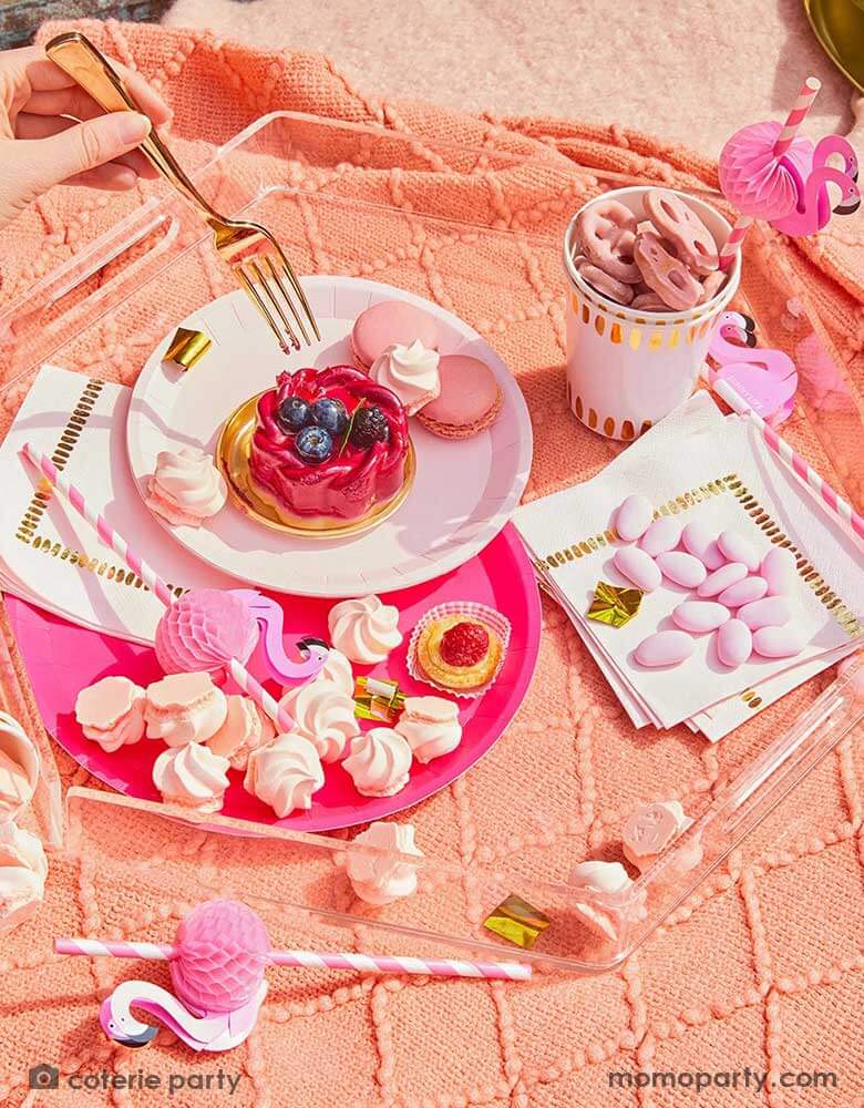 A summer picnic party under the sunset featuring Momo Party's summer party supplies including hot pink dinner plates, pale pink side plates, modern white party cups and napkins with gold foil accents. On the plates are some summer treats, fruit tarts, cookies and meringues, along with flamingo honeycomb paper straws - all on a coral colored picnic blanket. Making this a perfect inspo for a modern yet festive summer gathering.