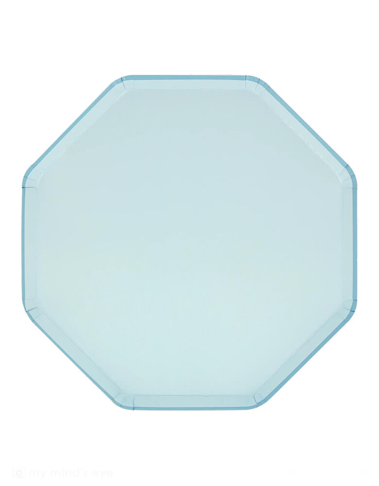 Momo Party's 10.25" x 10.25" Summer Sky Blue Dinner plates by Meri Meri. Comes in a set of 8 paper plates, they're beautifully designed with the color on the front and back, and an octagonal shape for an eye-catching look. They're perfect for a baby shower, birthday parties or to give any dinner party a cool, calm vibe.