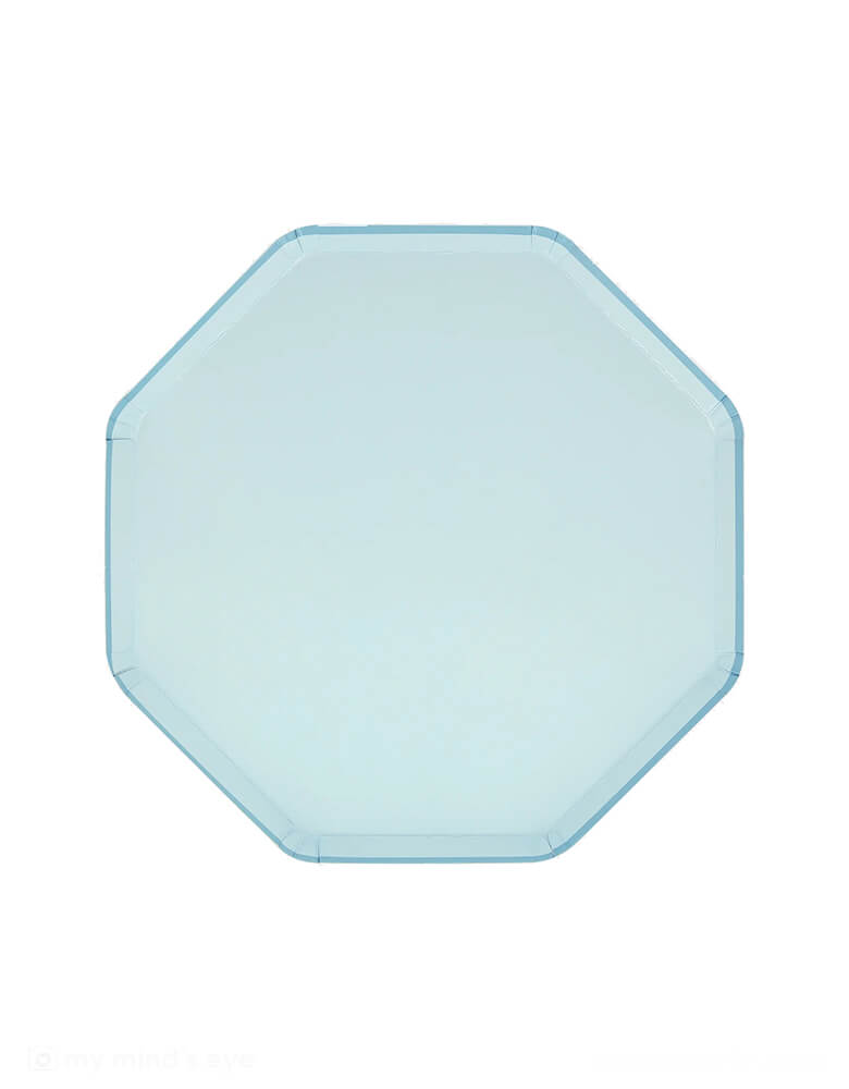 Momo Party's 8.25" x 8.25" Summer Sky Blue Side plates by Meri Meri. Comes in a set of 8 paper plates, they're beautifully designed with the color on the front and back, and an octagonal shape for an eye-catching look. They're perfect for a baby shower, birthday parties or to give any dinner party a cool, calm vibe.