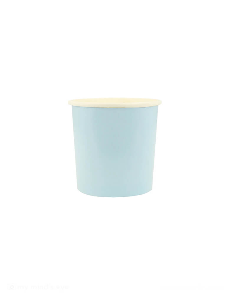 Momo Party's 9oz Summer Sky Blue Tumbler Cups by Meri Meri. Comes in a set of 8 paper cups, these tumbler cups are perfect for a baby shower, birthday parties or to give any dinner party a cool, calm vibe.