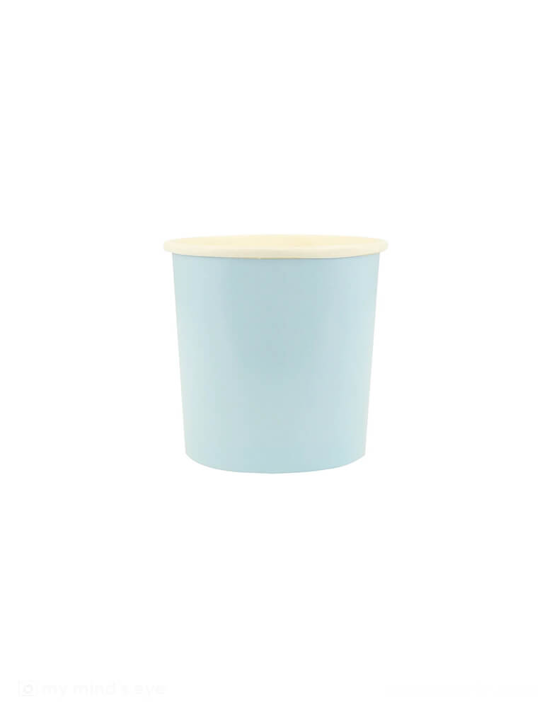 Momo Party's 9oz Summer Sky Blue Tumbler Cups by Meri Meri. Comes in a set of 8 paper cups, these tumbler cups are perfect for a baby shower, birthday parties or to give any dinner party a cool, calm vibe.