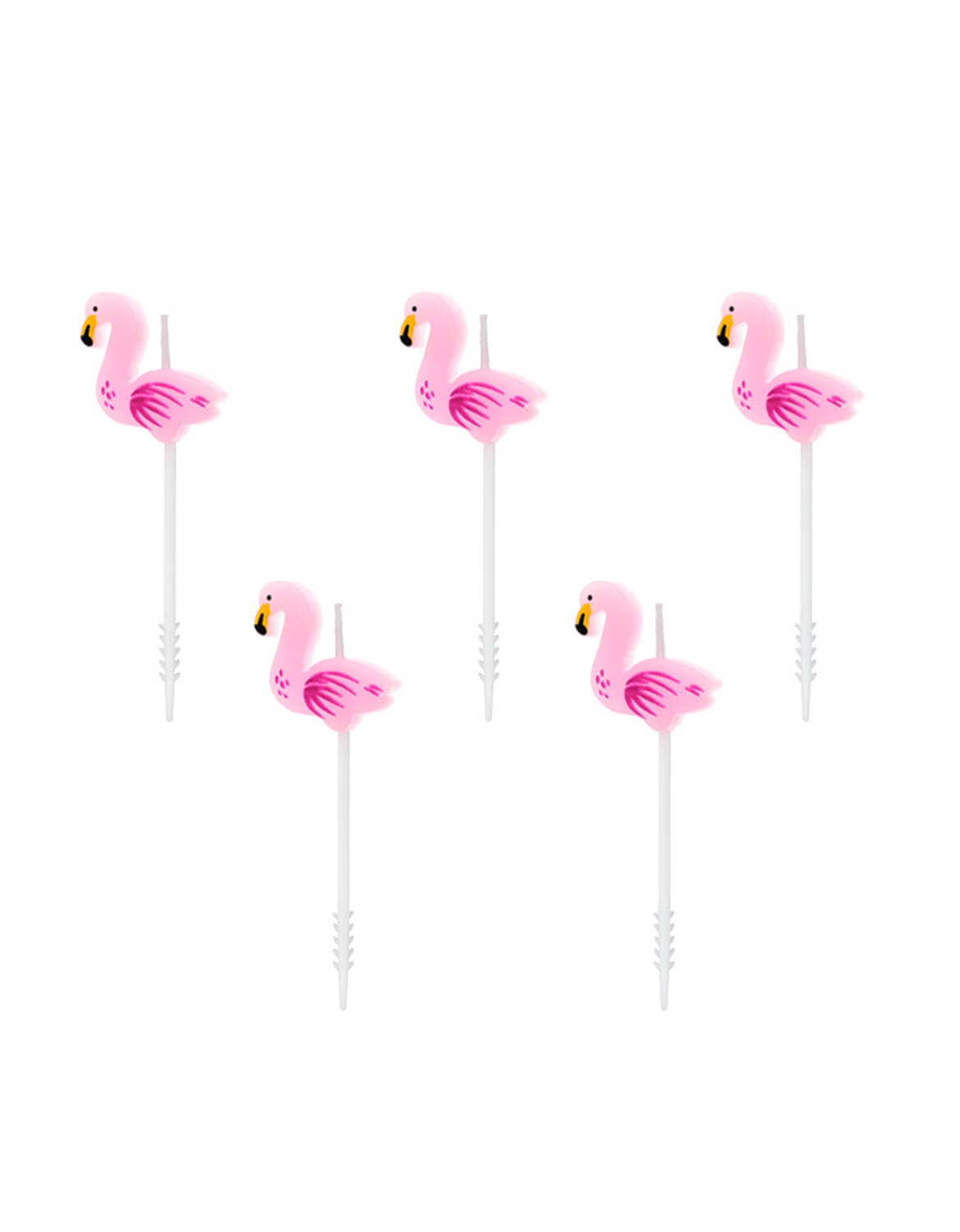 Five Momo Party's pink flamingo-themed birthday candles by Party Deco on a white background.