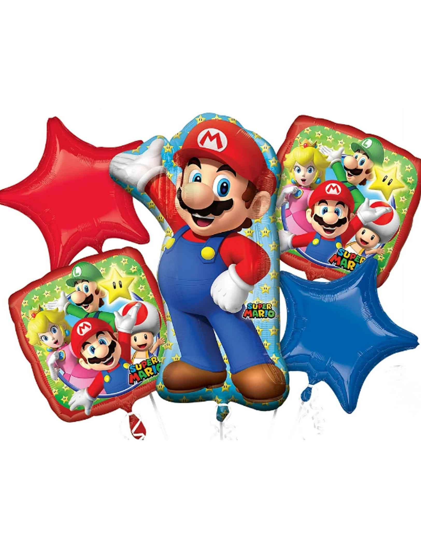 Momo Party's Super Mario Foil Balloon Bouquet Kit by Anagram Balloons. Power up your party with this awesome Super Mario Bros Foil Balloon Bouquet! This gaming-inspired set includes a focus balloon featuring the whole Mario crew that brings the iconic game to life! Each kit includes 5 foil balloons: One Mario shaped balloon, 28 inches. One blue star shaped foil balloon, 19 inches. One red star shaped foil balloon, 19 inches. Two Mario and Friends square foil balloons, 18 inches.