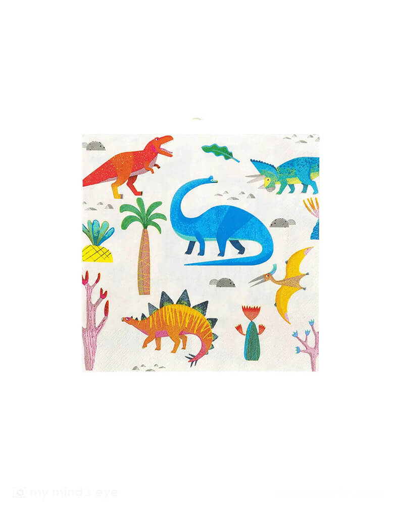 Momo Party's 6.5 x 6.5 inches dinosaur party napkins by Talking Tables. Featuring 5 different jurassic dinosaurs, these colorful napkins are perfect for catching crumbs or mopping up drink spills. A practical addition to a kids dinosaur birthday party.