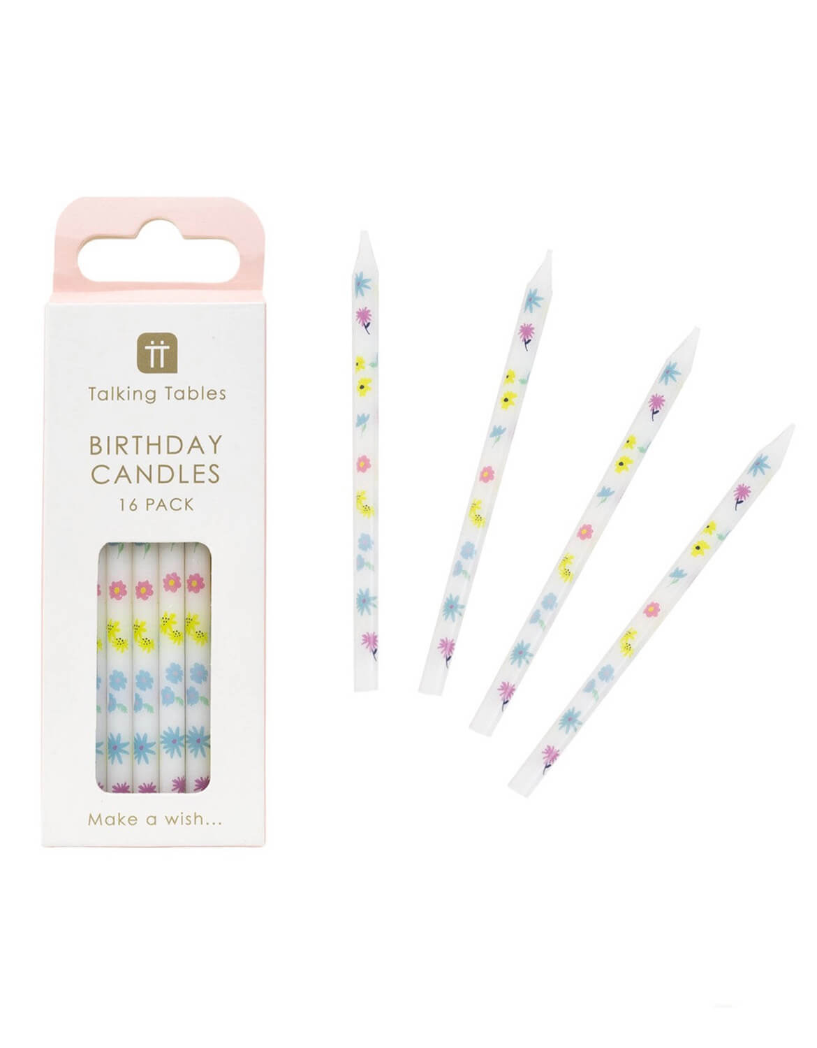 Momo Party's set of birthday candles with pastel floral designs next to their packaging by Talking Tables on a white background.