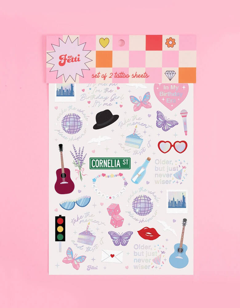 Momo Party Birthday Taylor Swift Era Temporary Tattoos by Xo, Fetti. Featuring Taylor Swift inspired designs including the iconic Taylor Swift-themed designs including snakes, butterflies, red lipsticks and more. They're perfect for girl's Taylor Swift themed birthday party activities.