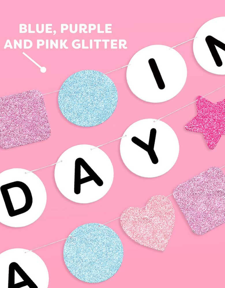 Momo Party's 5' Taylor Swift In My Birthday Era friendship bracelet inspired birthday party banner by Xo, Fetti. Made with paper with glittered pennants in purple, pink and blue, this fun birthday banner is perfect for any Swiftie for their special day!