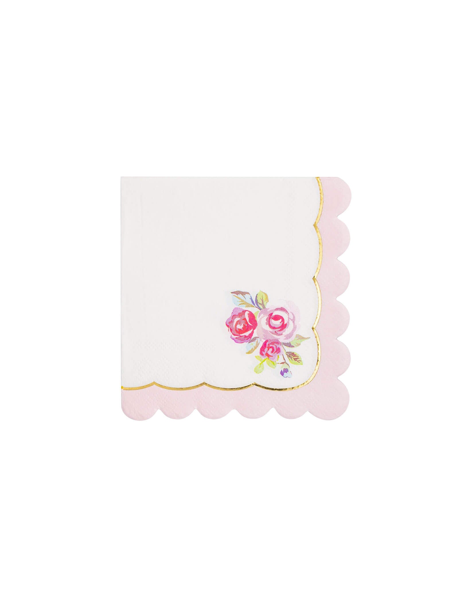 Momo Party's 5" x 5" Tea Party Rose Corner Paper Small Napkins by My Mind's Eye. These napkins feature delicate rose designs enhanced with gold foil, perfect for any elegant occasion, including a girl's tea party birthday, a Mother's Day celebration, a bridal shower or girl's baby showers.