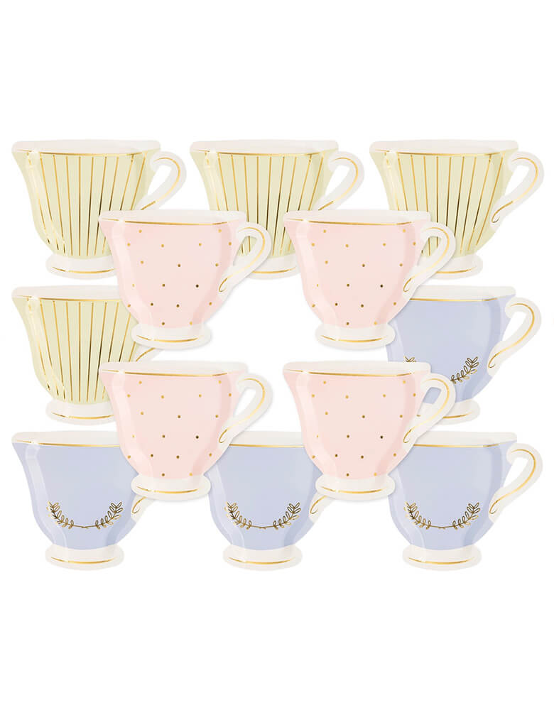 Momo Party's 10" Tea Party Cup Shaped Paper Plate Set by My Mind's Eye. Comes in a set of 12 tea party shaped paper plates in three different colors and designs, these whimsical paper plates are perfect for your kid's tea party birthday, be it a Tea for Two second birthday party or an elegant afternoon tea gathering in spring time.