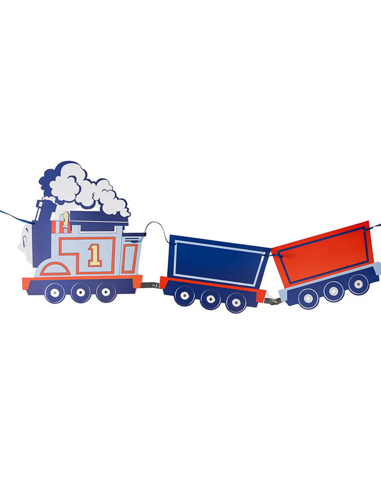 A close-up shot of Momo Party's 5.75"-11.75" height, 8' string Thomas & Friends™ Train Banner. Comes in a set of 6 pennants, set a scene at your kiddo's Thomas themed birthday party with this fantastic offically licensed Thomas & Friends™ train party banner!