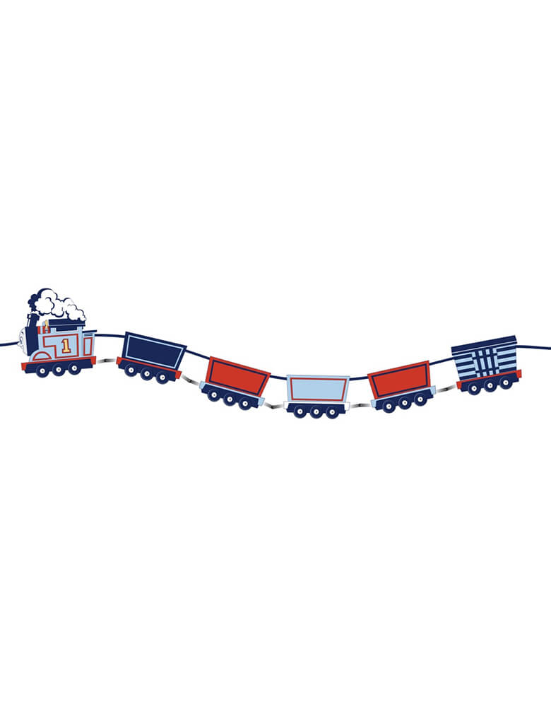 Momo Party's 5.75"-11.75" height, 8' string Thomas & Friends™ Train Banner. Comes in a set of 6 pennants, set a scene at your kiddo's Thomas themed birthday party with this fantastic offically licensed Thomas & Friends™ train party banner!