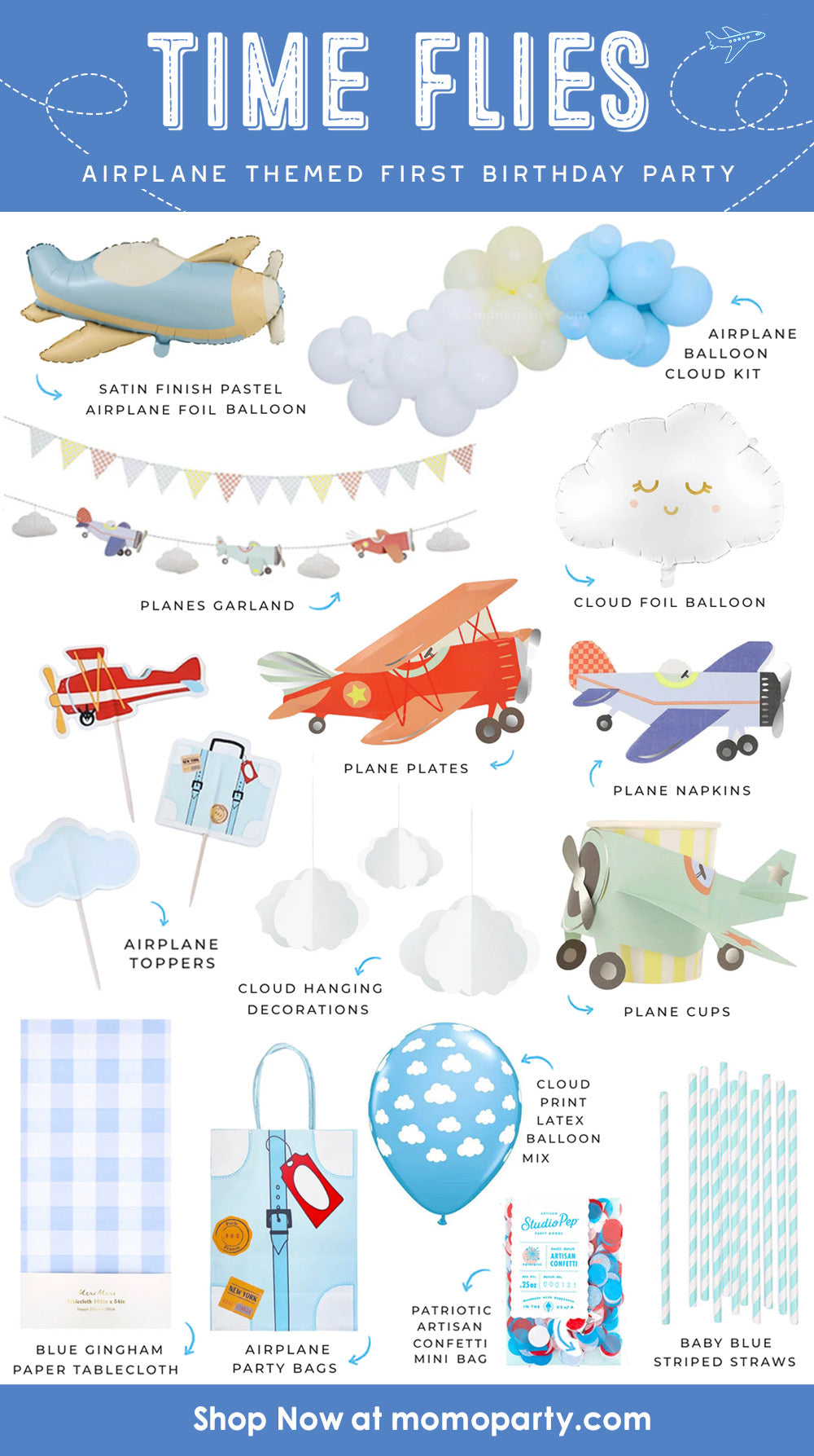 A colorful illustrated party supplies and decorations collage titled 'TIME FLIES' showing airplane-themed first birthday party supplies by Momo Party, including airplane themed balloons, cloud decorations, party banners, napkins, cups, tablecloths, and cake toppers, with shop now at momoparty.com at the bottom.