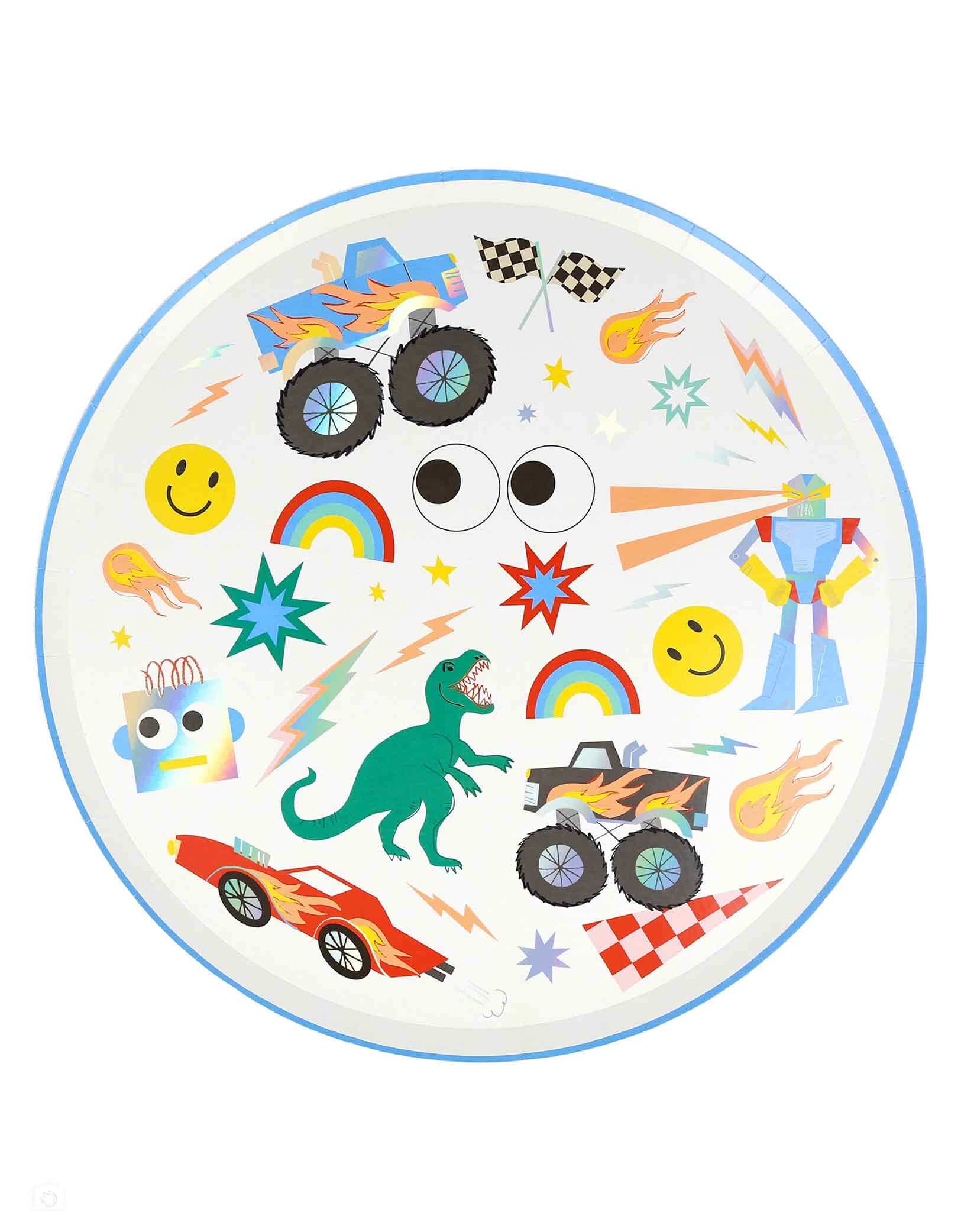 Momo Party's 10.5" Toybox Icon Dinner Plates by Meri Meri. Fun and nostalgic, these classic toy box icons will appeal to both kids and adults celebrating the joy of play. The bold and bright retro designs of these paper plates will make any birthday party look instantly cheerful, colorful and cute.