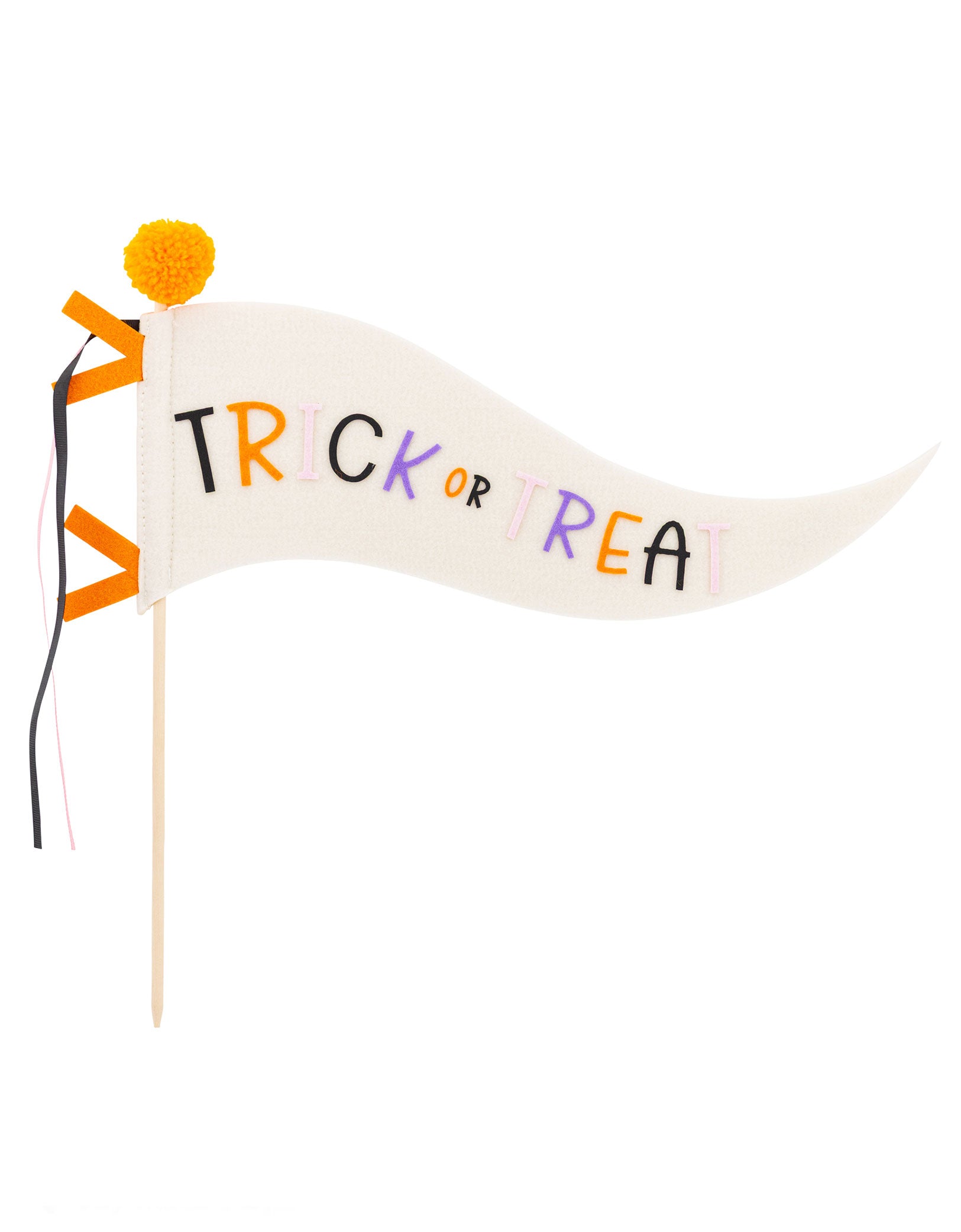 Momo Party's 14" Halloween felt party pennant with 'Trick or Treat' text on a white background. Perfect for Halloween parties, front door decor, or adding a playful touch to any room. This high-quality felt banner brings instant holiday vibes without the fuss.