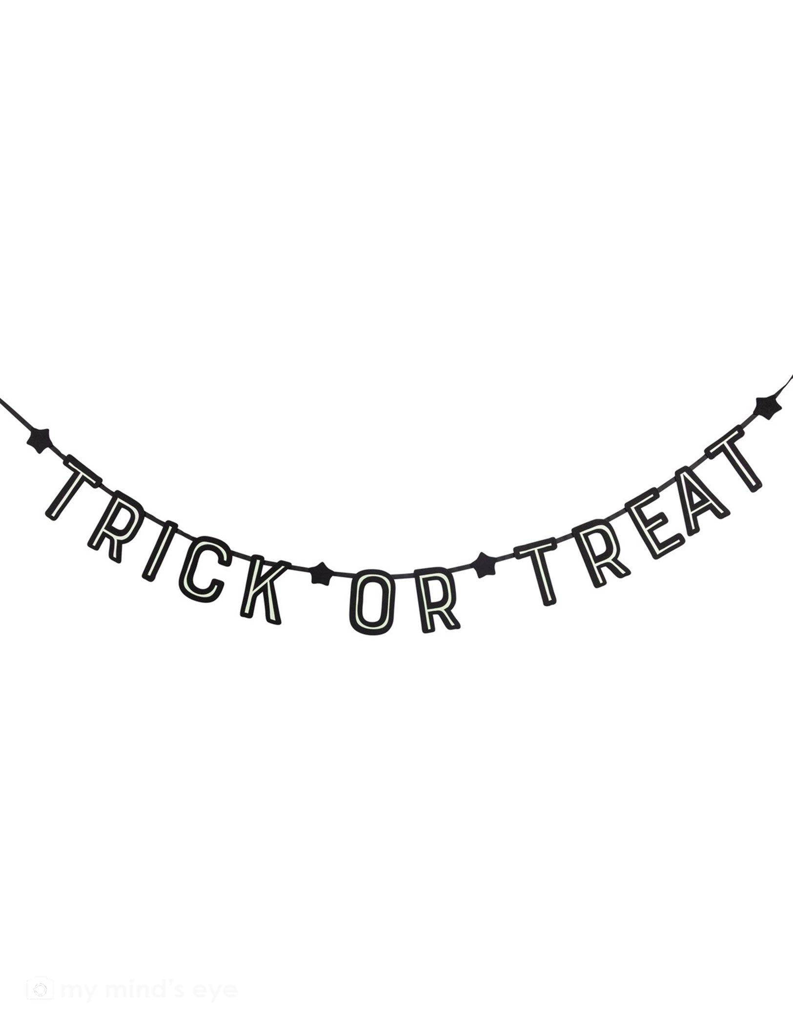 Momo Party's 6 ft Trick or Treat Glow in the Dark Felt Banner by My Mind's Eye on a white background. Ideal for Halloween celebrations, it brings a cheerful charm by day and glows eerily when the lights dim. Perfect to hang on doors, mantels, or walls, it instantly sets a festive mood that will thrill both trick-or-treaters and party guests. Reuse it year after year for endless Halloween fun!