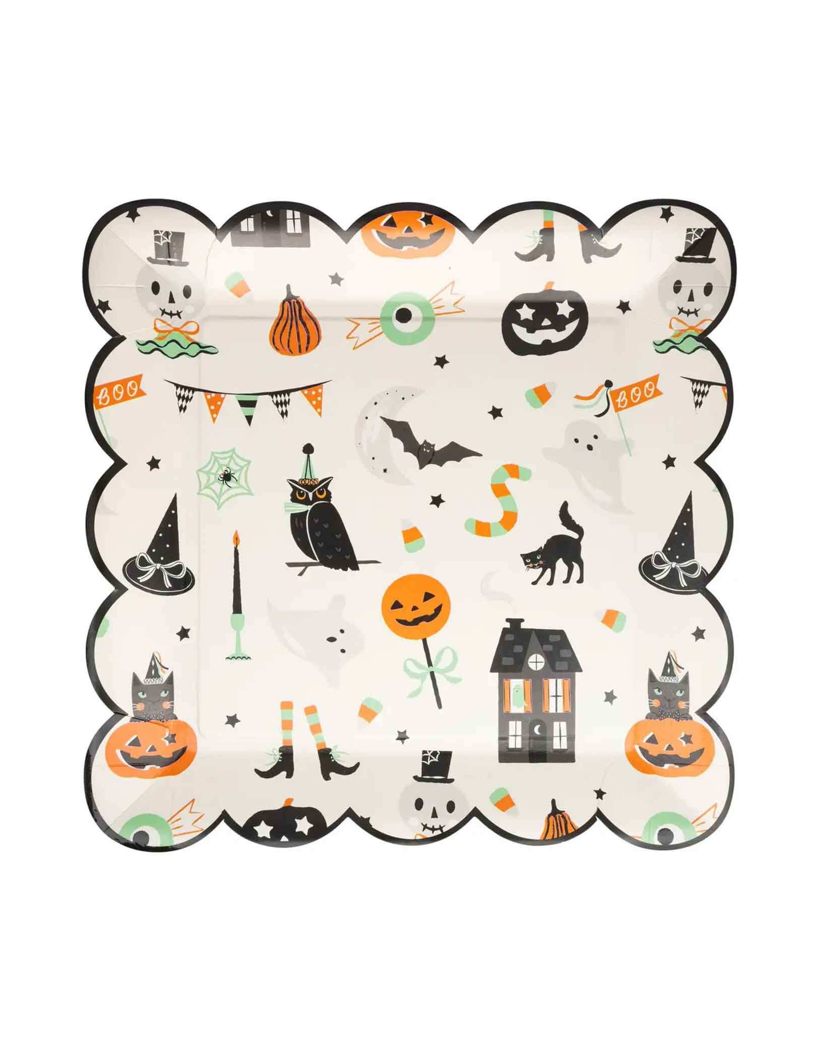 Momo Party's Tricks & Treats 10" Paper Plate with various Halloween elements design by My Mind's Eye on a white background.