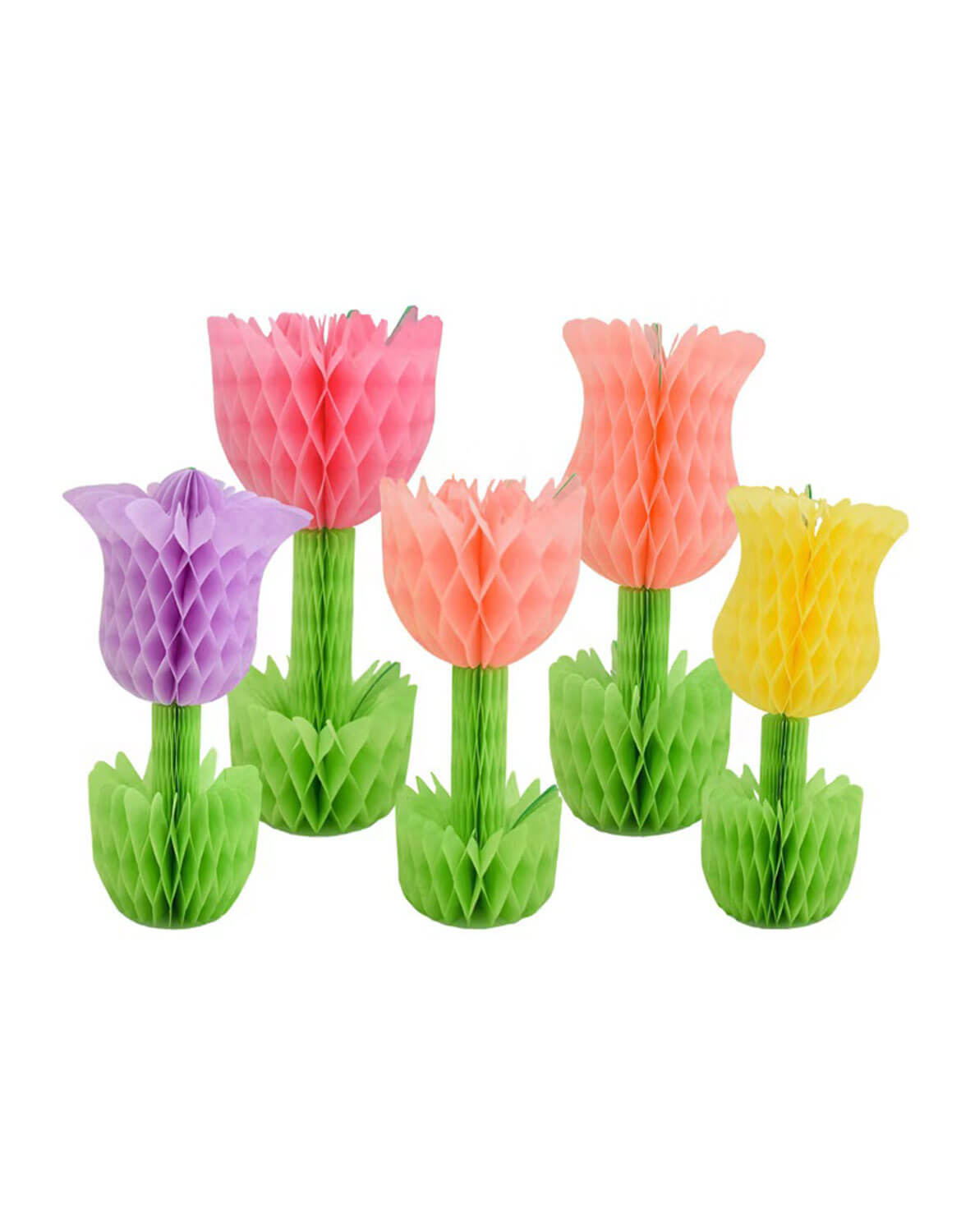 Momo Party's set of 5 colorful paper honeycomb tulip decorations on a white background.