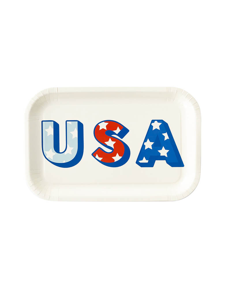 PLTS365G-MME - USA SHAPED PAPER PLATE by My Mind's Eye. Celebrate in style with these rectangle-shaped paper plates in retro USA letter design. Perfect for the 4th of July, these plates will liven up any party.