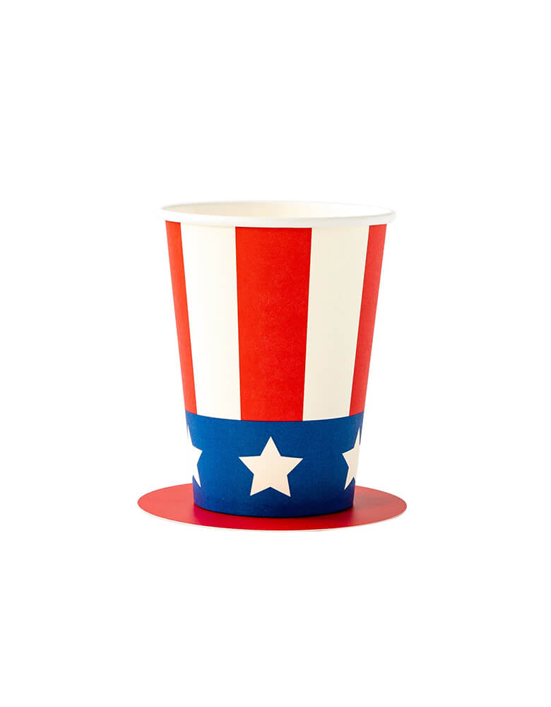 SSP916 - UNCLE SAM PAPER CUPS by My Mind's Eye. Designed to look like Uncle Sam's famous hat, these party cups are sure to be a hit at your Fourth of July celebrations. Guests are sure to be crowded around the lemonade table, delighted by these stars and stripes inspired party cups until it is time for the fireworks to start!