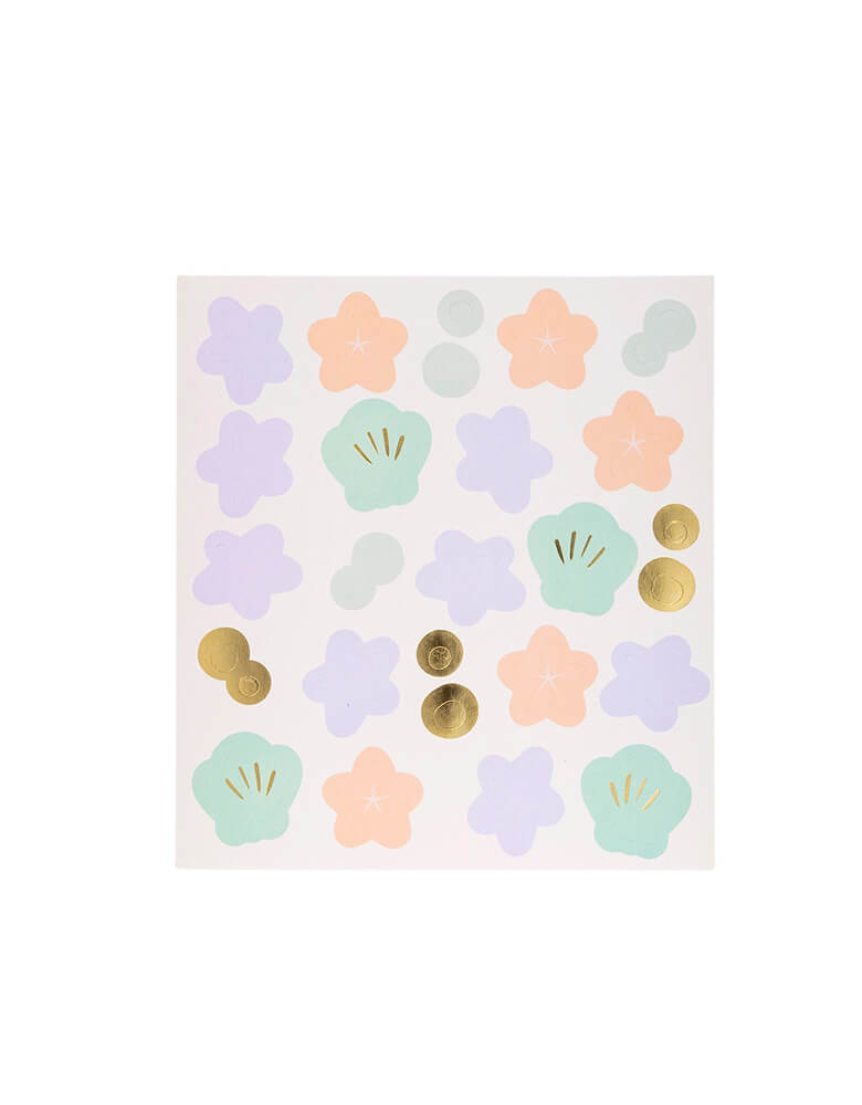 Momo Party's Mermaid Treasure Treat Box Set by My Mind's Eye. Comes in a set of 8 boxes, these light pink treasure chest treat boxes with gold foil details includes sticker sheets of under the sea elements including seashells, sea stars, sea grasses for kids to personalized their own treat box. Fill them with your favorite treats and let your guests discover the hidden treasures inside. They're perfect for kid's mermaid themed birthday parties!