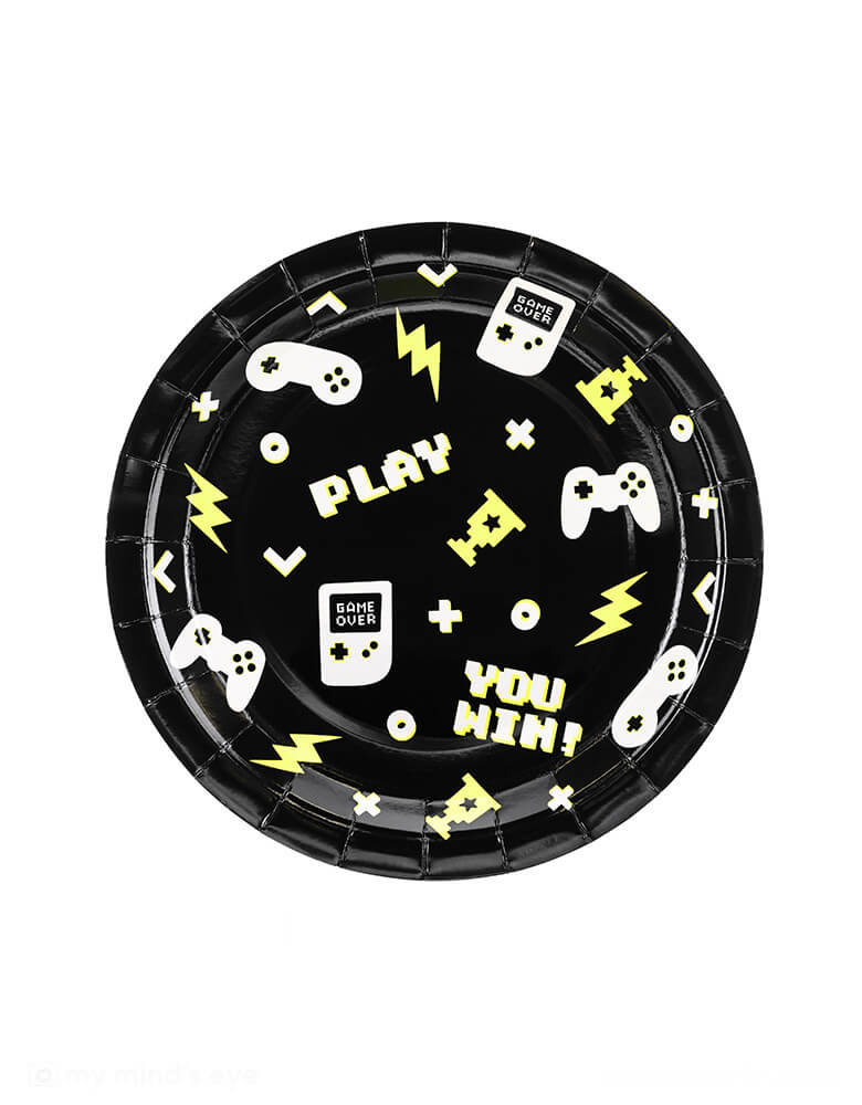 Momo Party's 9" Video Game Large Paper Plates by Party Deco. In the classic black color these round paper plates features gaming devices and controller design pattern, with pixelated words like "YOU WIN!" AND "PLAY" with neon lightning bolt symbols, they're perfect for kid's video game themed birthday party or a fun gamer night!