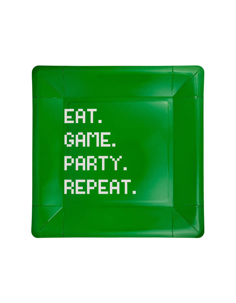 Momo Party's 9" x 9" Eat Game Party Square Paper Plates by My Mind's Eye. Perfect for any gamer party, this plate is designed to bring out the fun in your gatherings. With its unique gamer design, it's sure to be a hit among your friends. No need to pause the game for food with this plate!
