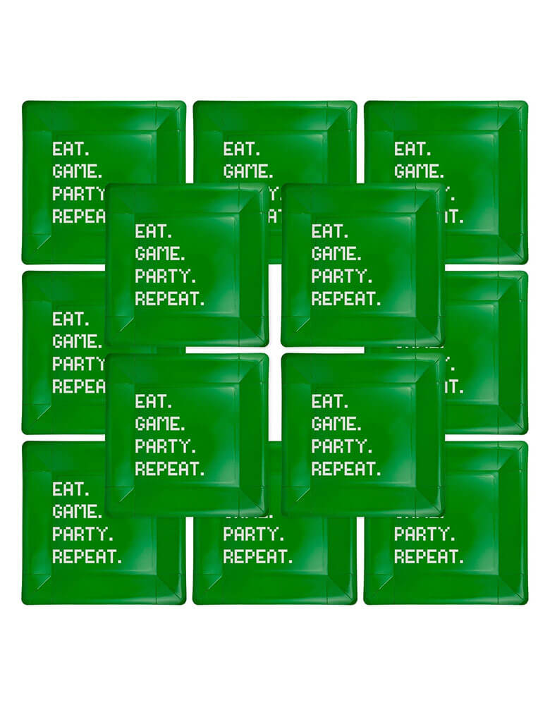Momo Party's 9" x 9" Eat Game Party Square Paper Plates by My Mind's Eye. Comes in a set of 12 paper plates in classic video game color of green, they are perfect for any gamer party, this plate is designed to bring out the fun in your gatherings. With its unique gamer design, it's sure to be a hit among your friends. No need to pause the game for food with this plate!