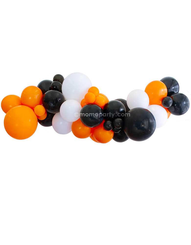 Spooky classic Halloween 6-foot balloon cloud kit by Momo Party. Featuring Assorted 16 inch, 11 inch & 5 inch Halloween-themed latex balloons in black, white and orange, made in USA