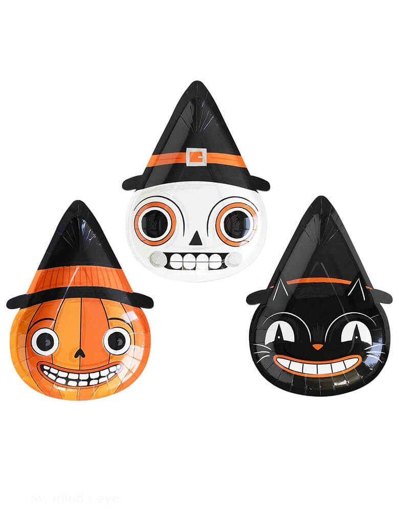 Momo Party's 10" Vintage Halloween Character Shaped Plate Set by My Mind's Eye. Comes in a set of 9 in 3 different designs and characters of a pumpkin, a skull, and a black cat, these vintage-inspired plates are perfect for Halloween parties and add a fun touch to any table setting. Get ready to impress your guests and make them think you've put a spell on your dishes.