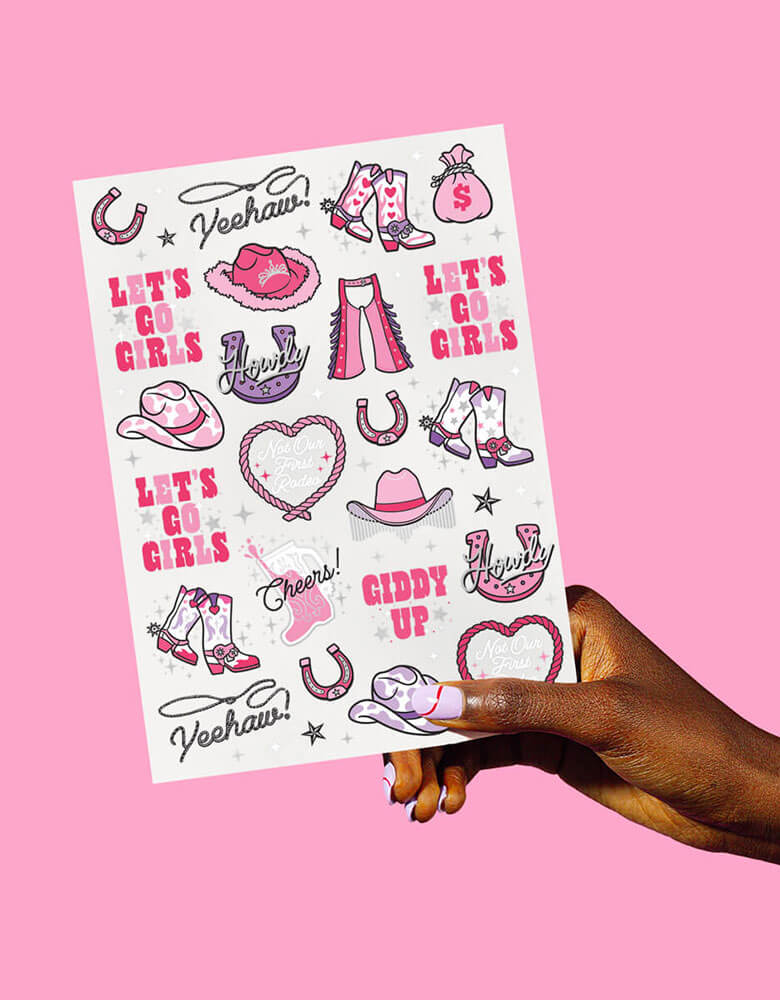Momo Party's Rodeo Birthday Temporary Tattoos by Xo, fetti. Featuring rodeo cowgirl inspired designs including pink cowgirl hats, boots, horseshoe and messages like "Let's Go Girls" "Giddy Up", these temporary tattoos are perfect for girl's rodeo themed birthday party or a bachelorette party!