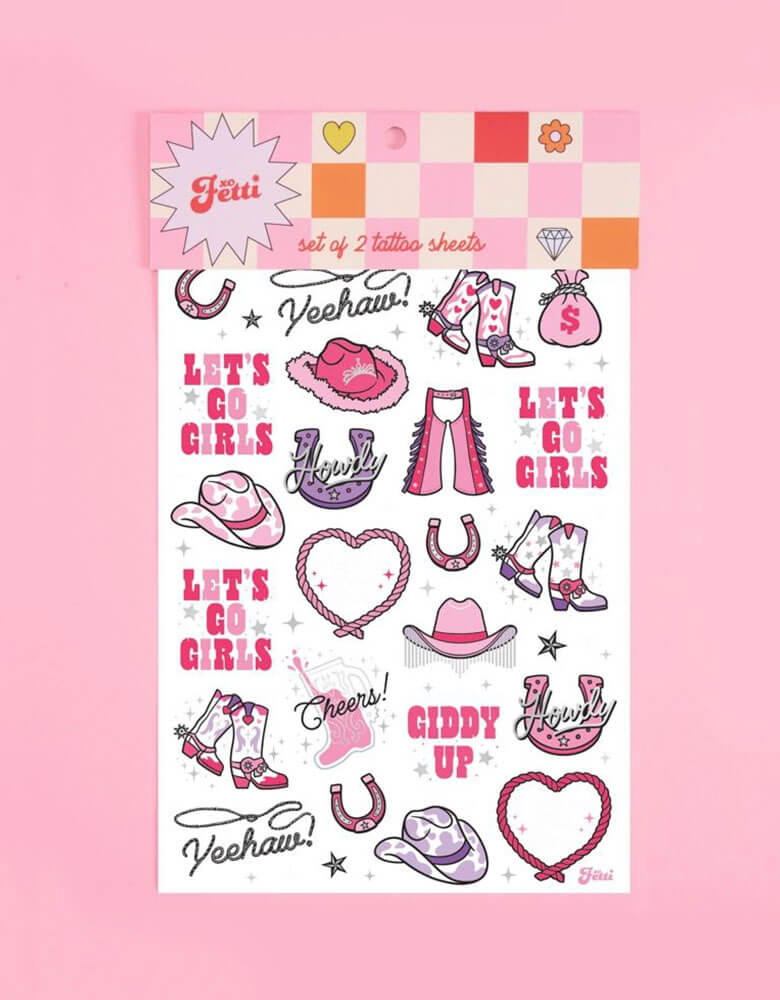 Momo Party's Rodeo Birthday Temporary Tattoos by Xo, fetti. Featuring rodeo cowgirl inspired designs including pink cowgirl hats, boots, horseshoe and messages like "Let's Go Girls" "Giddy Up", these temporary tattoos are perfect for girl's rodeo themed birthday party or a bachelorette party!