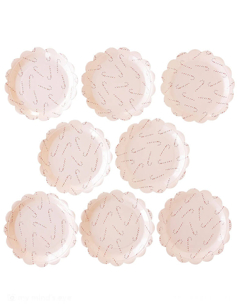 Momo Party's 9" Whimsy Santa Scattered Candy Cane Paper Plates by My Mind's Eye. Comes in a set of 8 plates, featuring candy cane pattern on a pink scallop-edged plate, it sets a perfect festive scene for your party table in a pink inspired Holiday party.