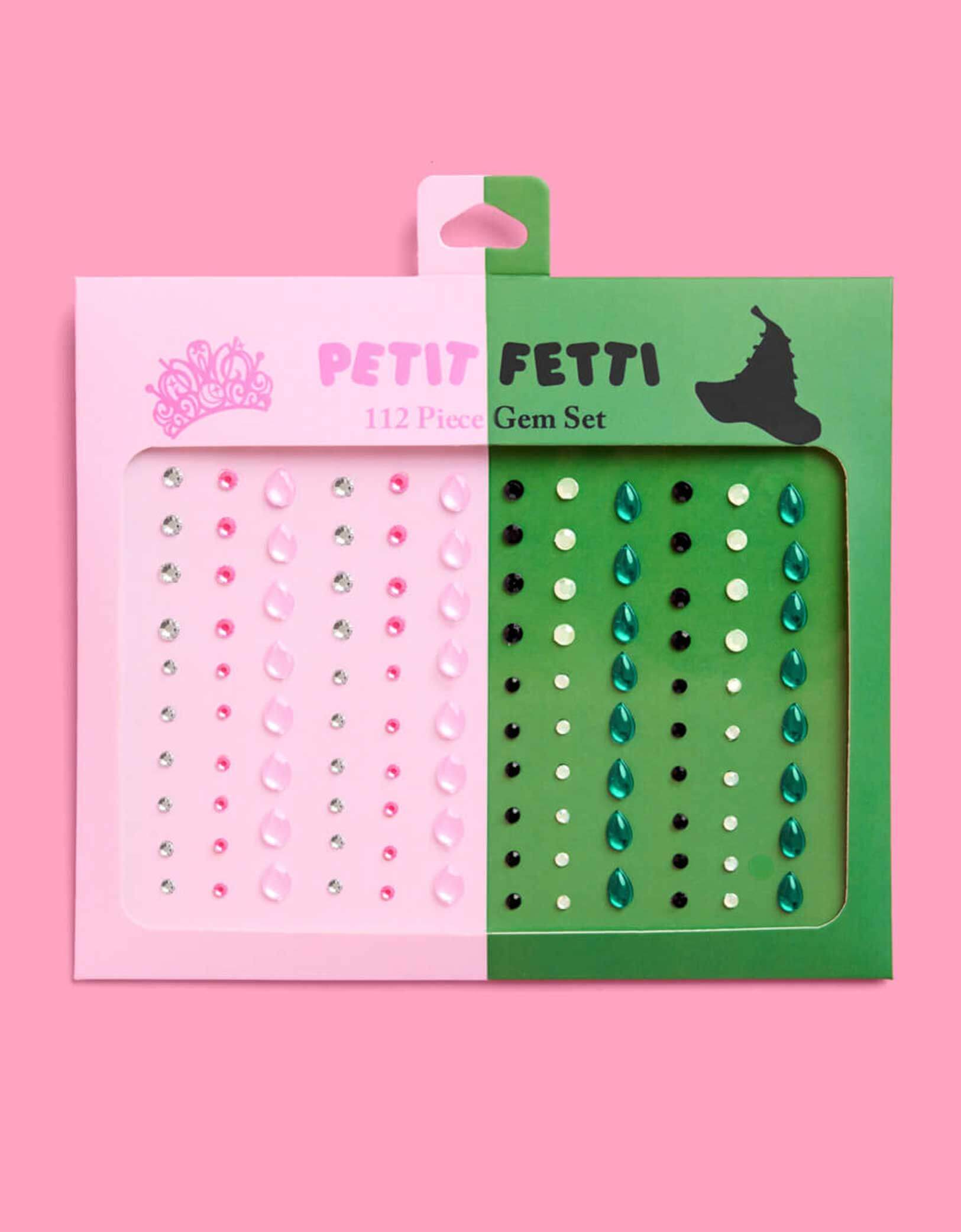 Momo Party's Wicked Pink Green Face Gem Set featuring two gem sets in pink and green packaging on a pink background. Comes in 112 pieces, these adhesive gems stick easily and stay put, ensuring your look shines brightly throughout the entire night.