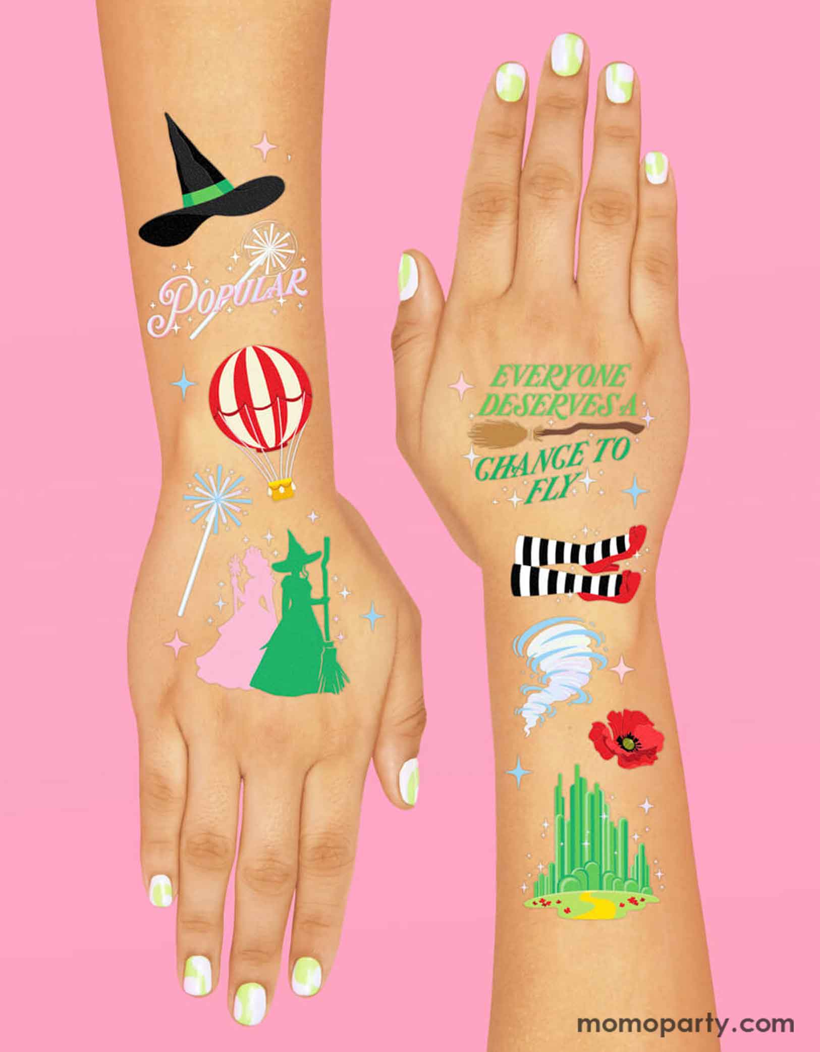 Two arms wearing Momo Party's Emerald City Wicked Witch Temporary Tattoos by Xo, Fetti. Featuring green witch hats, broomsticks, wands and magical icons inspired by the Wizard of Oz. These tempoarary tattoos are perfect for a Wicked themed birthday party celebration!