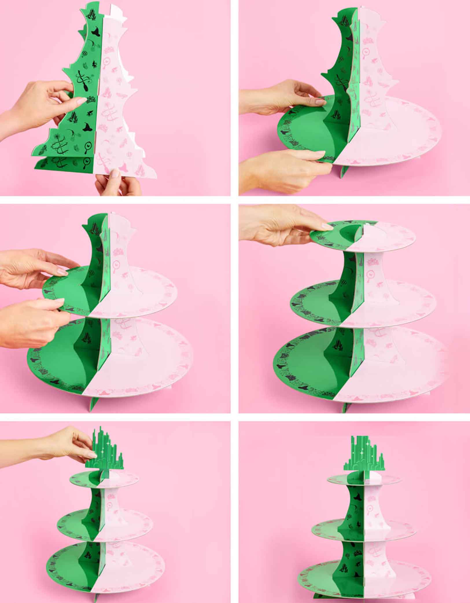 A step-by-step assembly of Momo Party's green and pink cake stand with Wicked's Emerald City design at the top on a pink background.