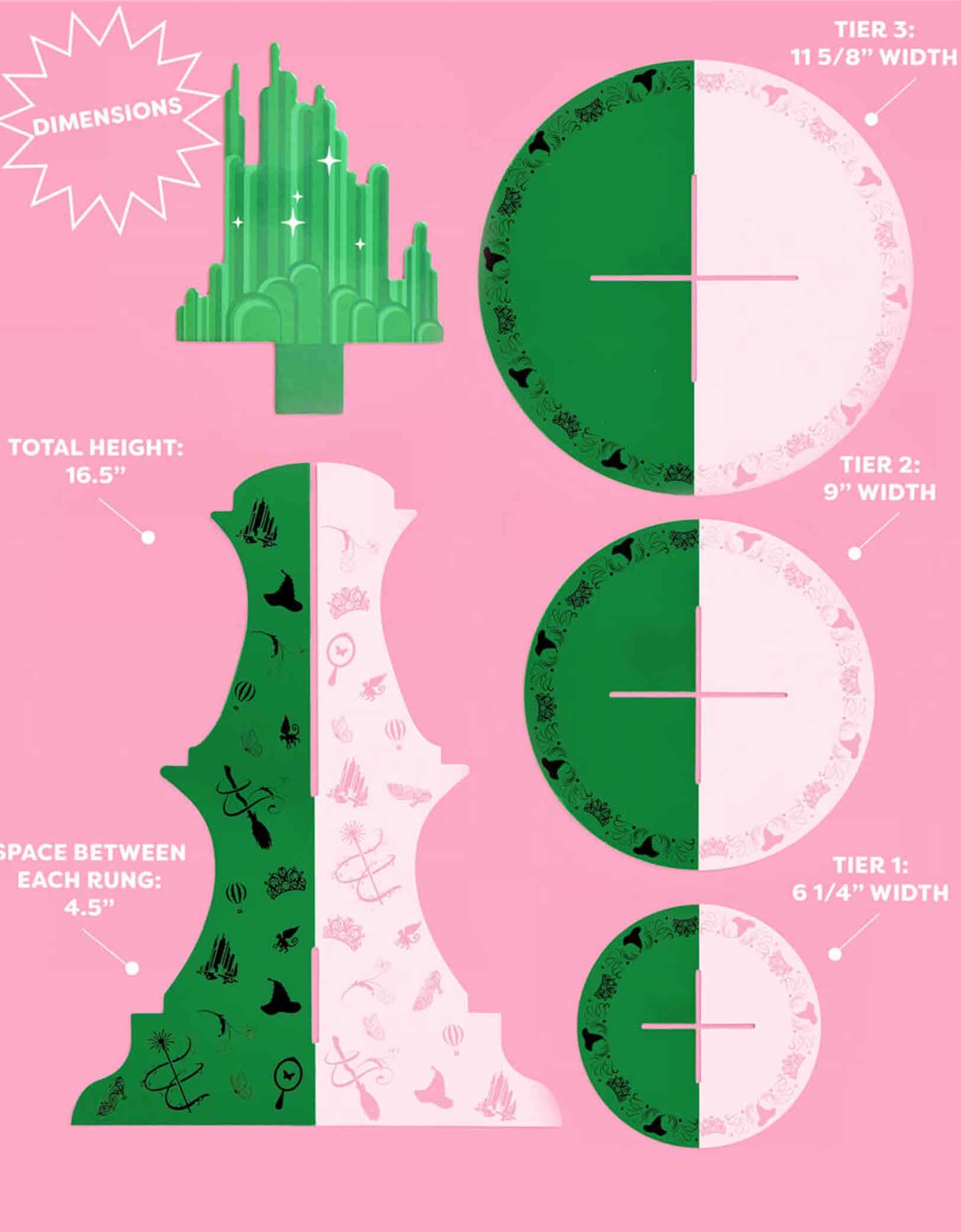 Momo Party's Wicked Emerald City shaped cupcake stand with dimensions on a pink background.