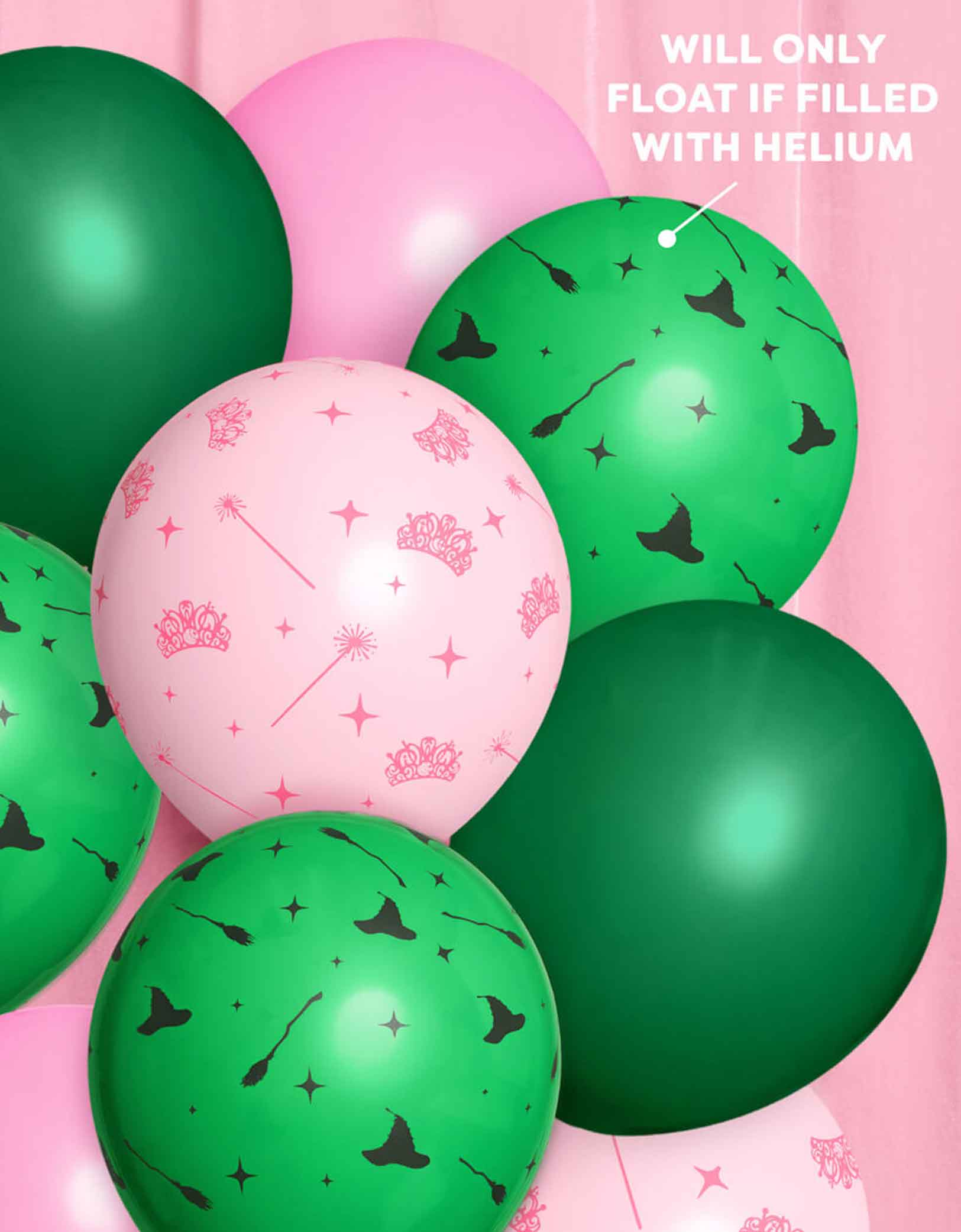 Momo Party's 11" green and pink Wicked themed latex balloons with witch themed patterns including witch hats, witch brooms, tiaras, wands and star points on a pink background.