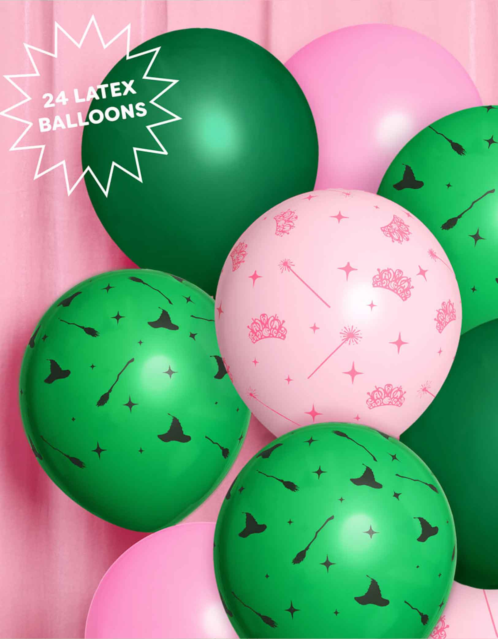 Momo Party's 11" green and pink Wicked themed latex balloons with witch themed patterns including witch hats, witch brooms, tiaras, wands and star points on a pink background.