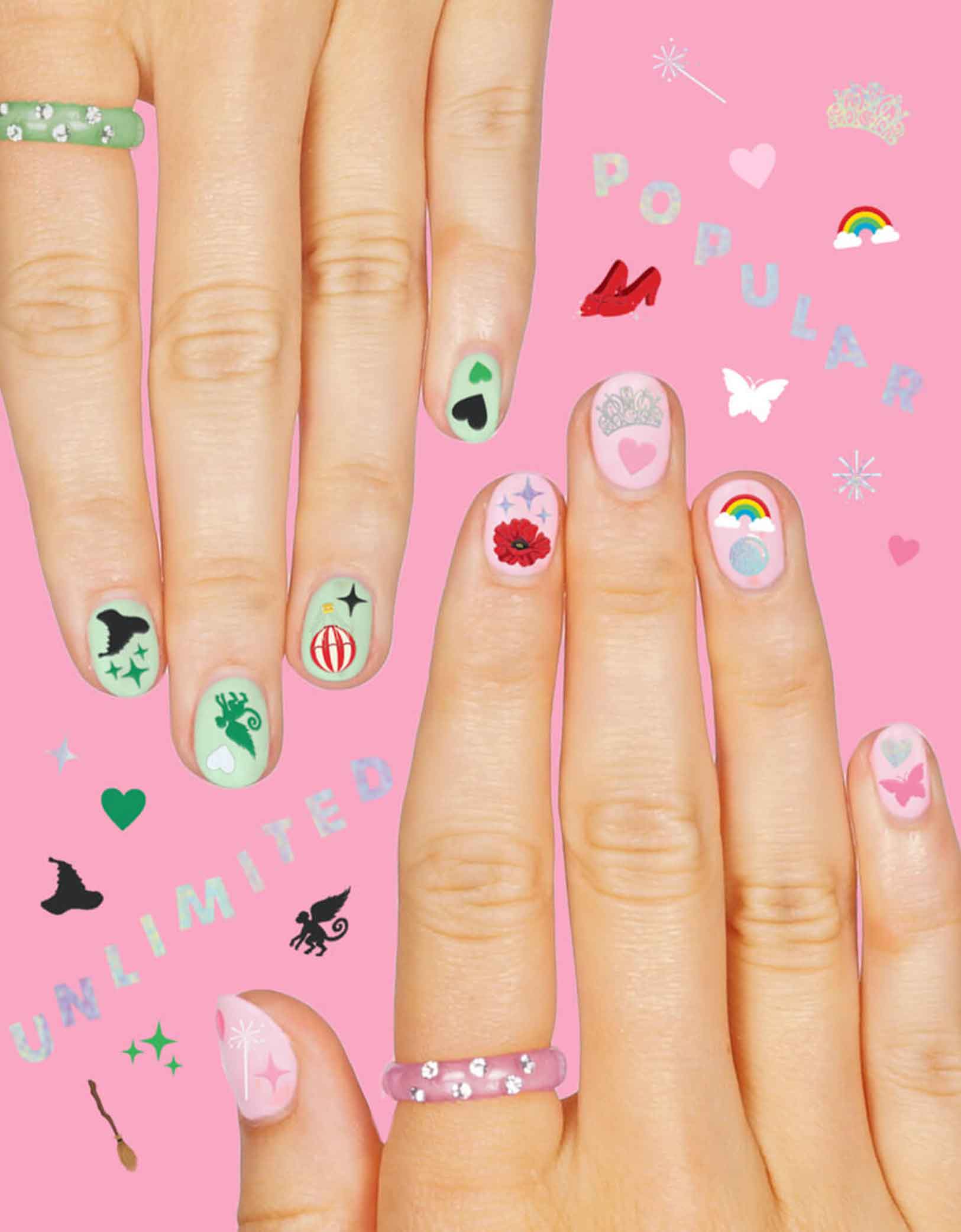 Nails decorated with Momo Party's Wicked Emerald City Nail Stickers by Xo, Fetti, featuring wicked themed elements including witch hats, bubbles, hot air balloons, butterflies, tiaras, rainbows, sparkles, witch's brooms, they’re perfect for a fun, themed activity that lets guests express their playful side. Easy to apply and remove, these stickers bring a splash of fantasy to your fingertips, making every celebration a little more spellbinding.