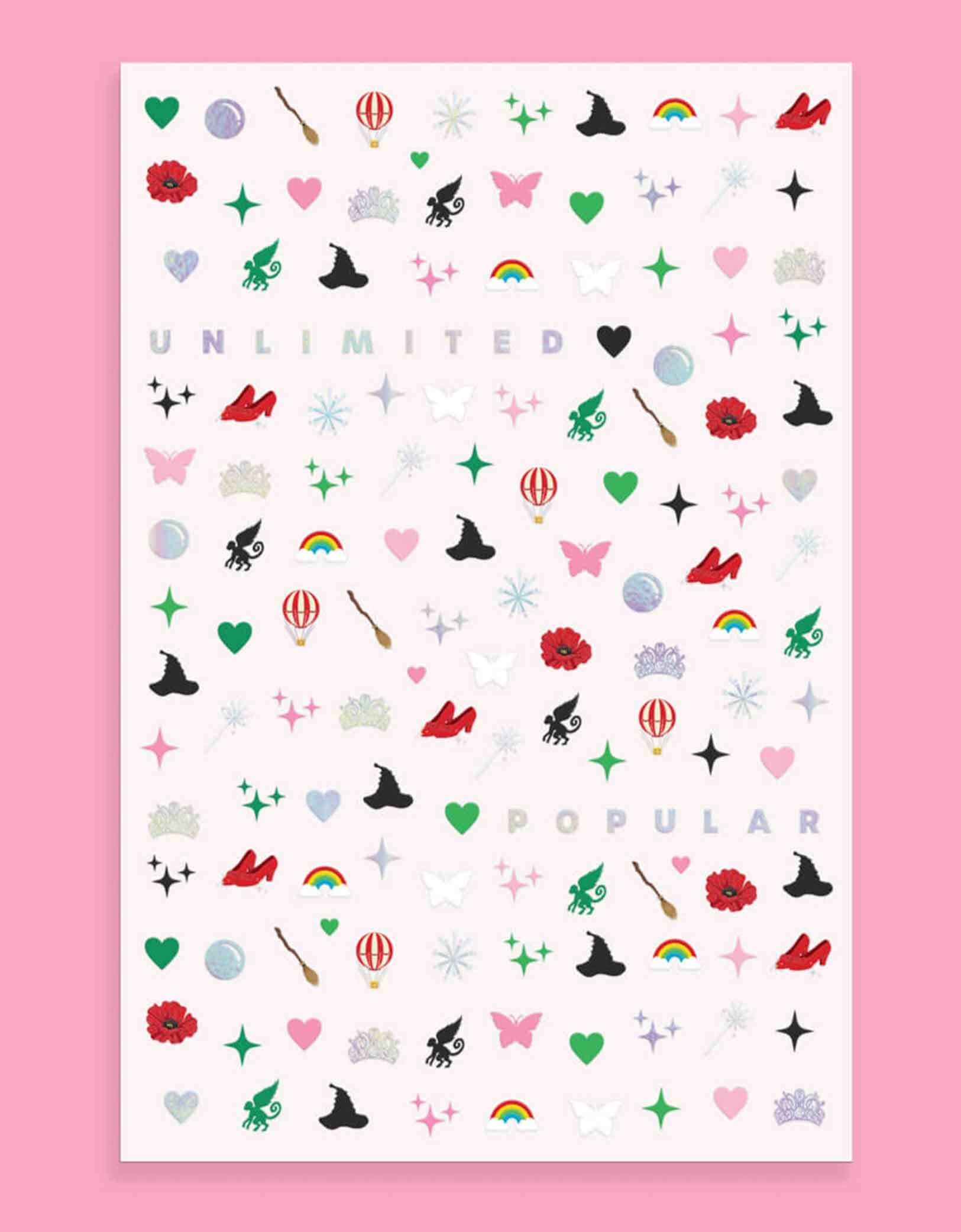 Momo Party's Wicked Emerald City Nail Stickers by Xo, Fetti, featuring wicked themed elements including witch hats, bubbles, hot air balloons, butterflies, tiaras, rainbows, sparkles, witch's brooms, they’re perfect for a fun, themed activity that lets guests express their playful side. Easy to apply and remove, these stickers bring a splash of fantasy to your fingertips, making every celebration a little more spellbinding.