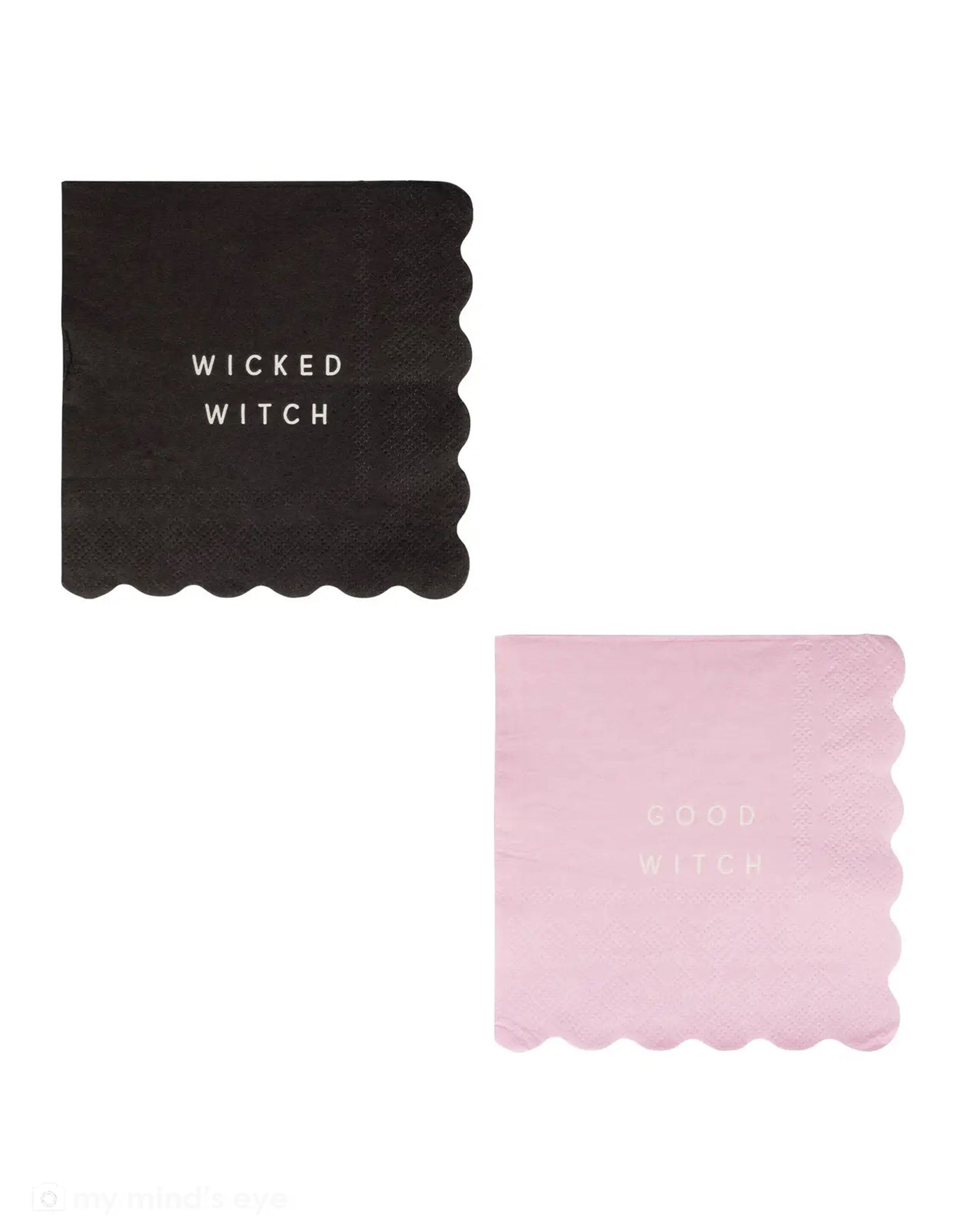 Momo Party's 5" Good Witch Bad Witch Small Napkin Set by My Mind's Eye. Comes in a set of 24 napkins in 2 colors of pink and black, these festive napkins add a playful touch to your spooky soirée. Perfect for serving drinks and appetizers, they'll have your guests laughing as they decide which witch they're channeling tonight. A must-have for any Halloween party or wicked themed gathering!