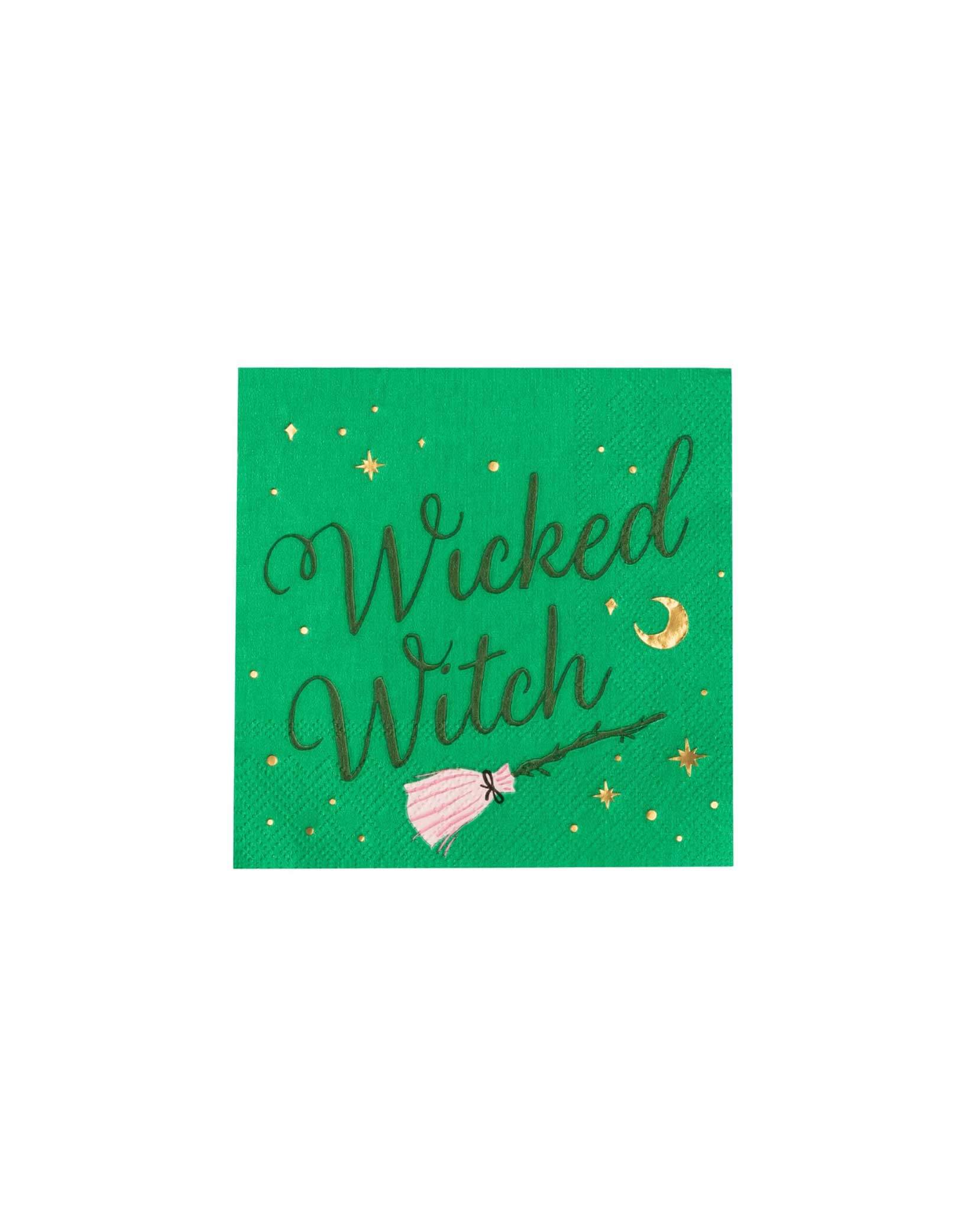 Momo Party's 5" Wicked Witch green small napkins with 'Wicked Witch' text and a pink broomstick illustration with gold foil accents on a white background.