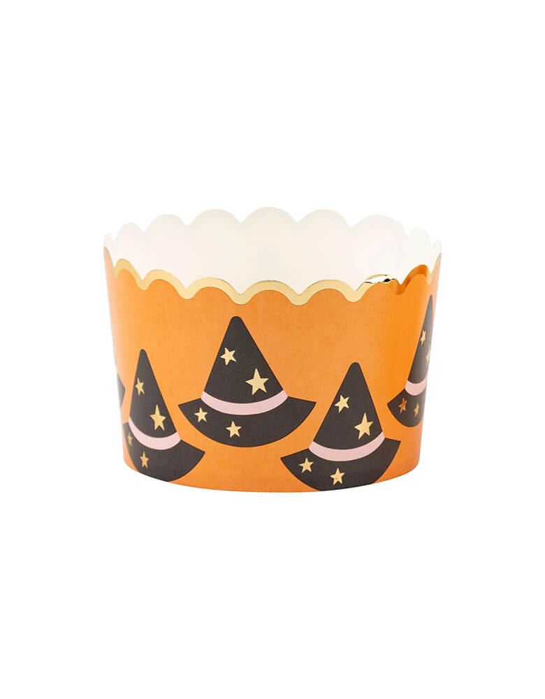 Momo Party's Jumbo Witch Hats and Stars Foil Baking Cups by My Mind's Eye. Step up your Halloween party game with these JUMBO foil baking cups featuring witch hats and stars. These 8 oz cups are perfect for all your spooky treats.