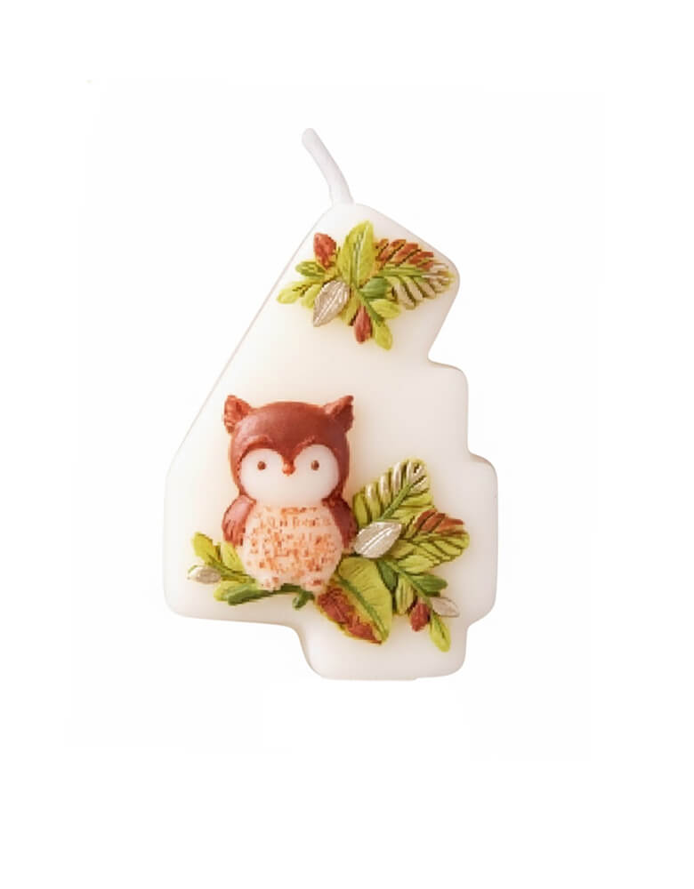 An adorable woodland themed kid's number four birthday candle a cute owl design and some foliage from Momo Party on a white background. Perfect for kid's woodland second birthday party celebration.